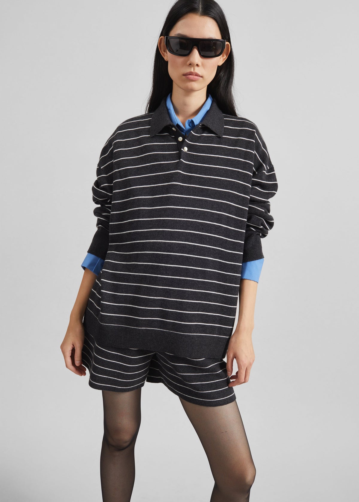 Nolma Knit Polo Sweater - Grey/White Stripe - 2