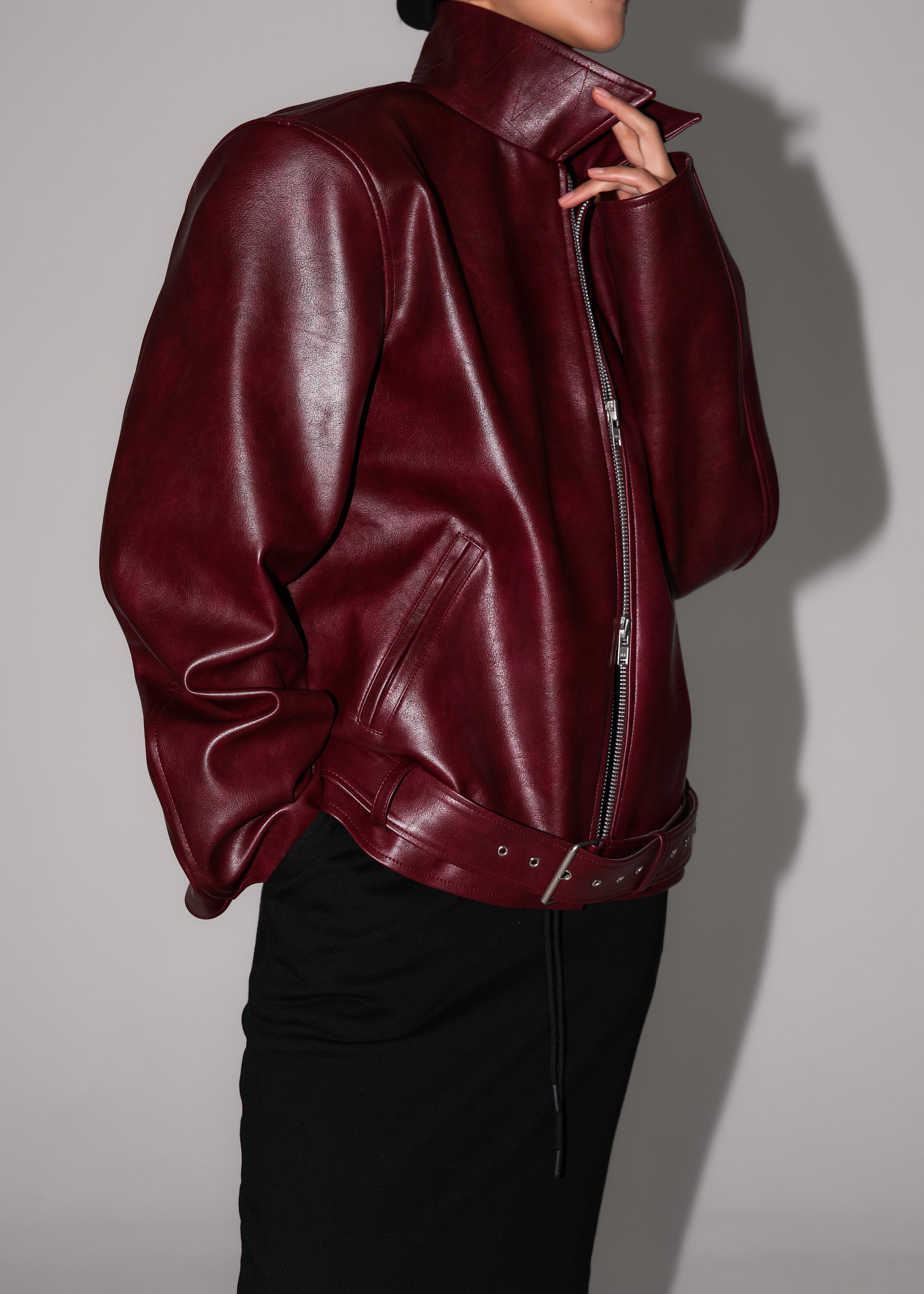 Norbury Faux Leather Jacket - Burgundy - 8