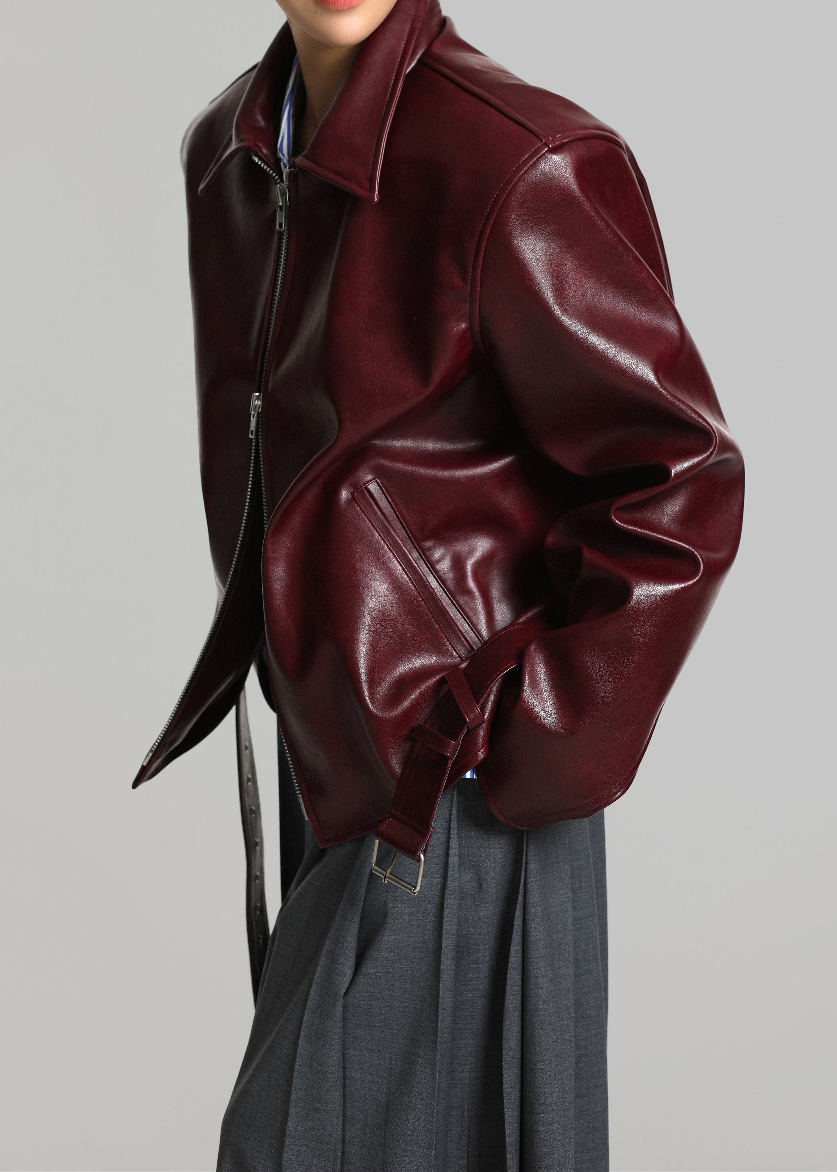Norbury Faux Leather Jacket - Burgundy - 1