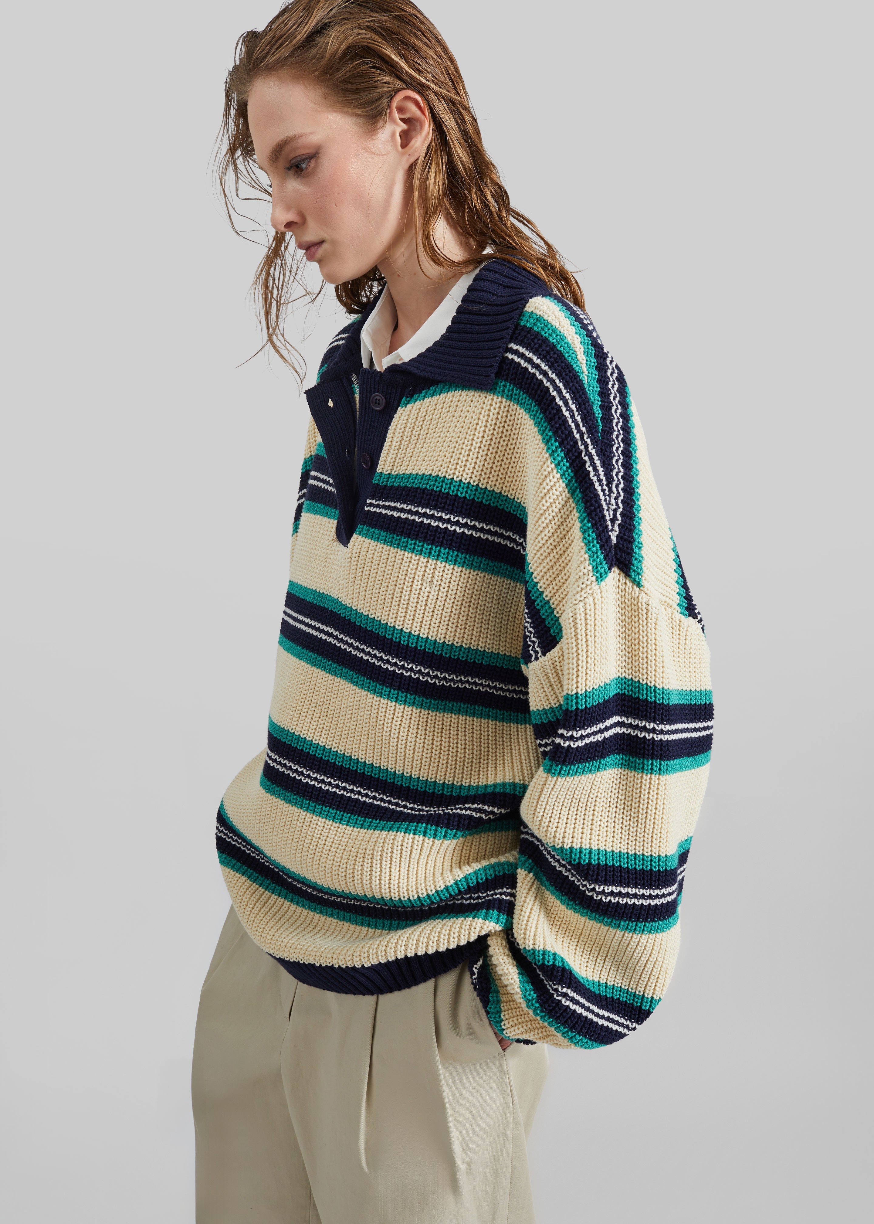 Nordby Knit Polo Sweater - Cream/Navy Stripe - 3