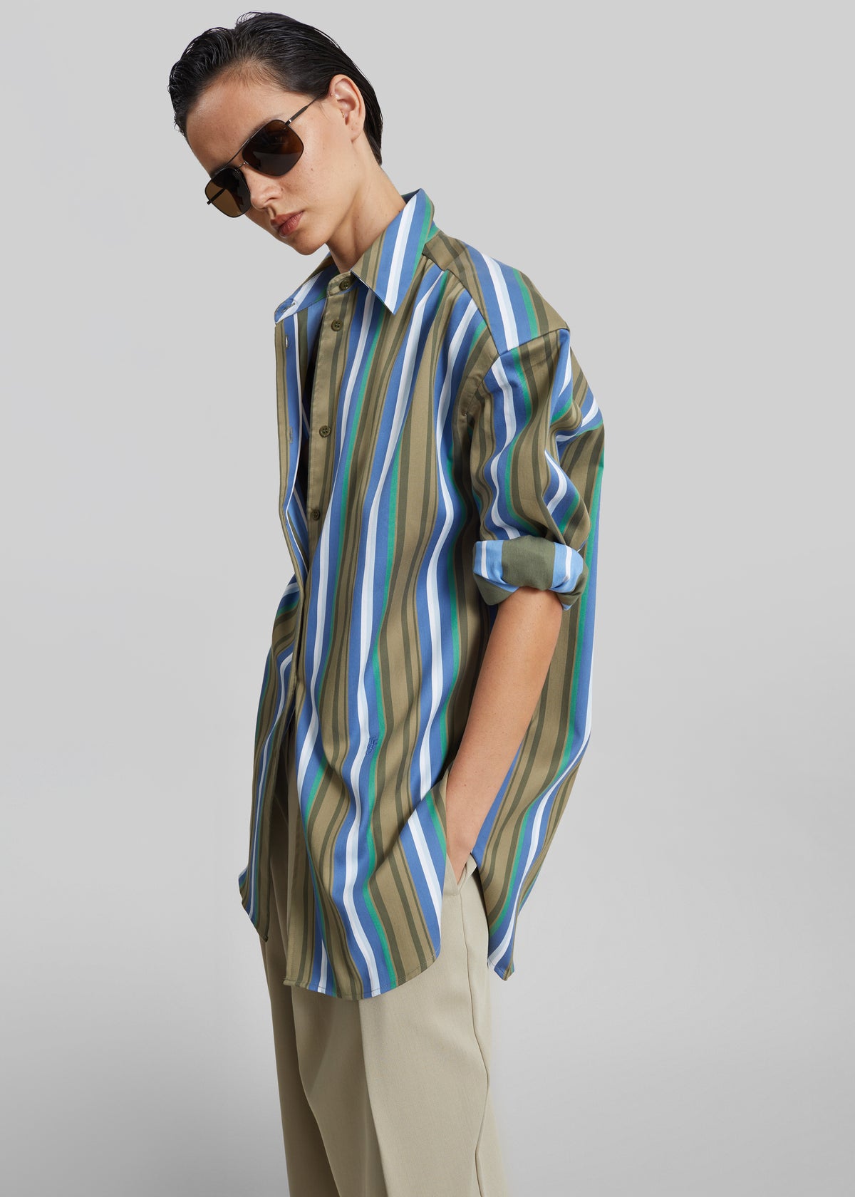 Chemise Oana en coton à épaulettes - Rayures vertes multicolores - 5