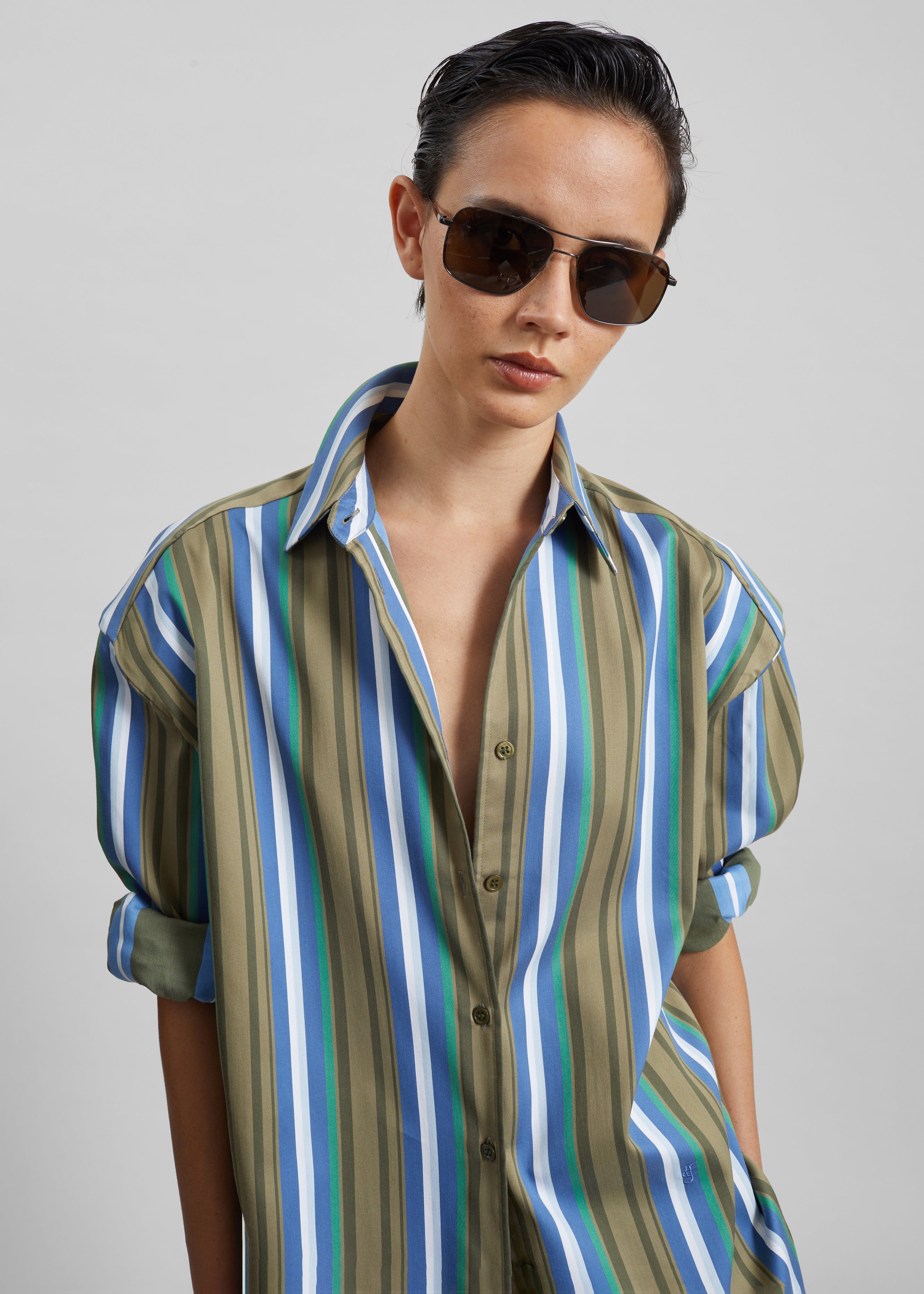 Chemise Oana en coton à épaulettes - Rayures vertes multicolores - 3