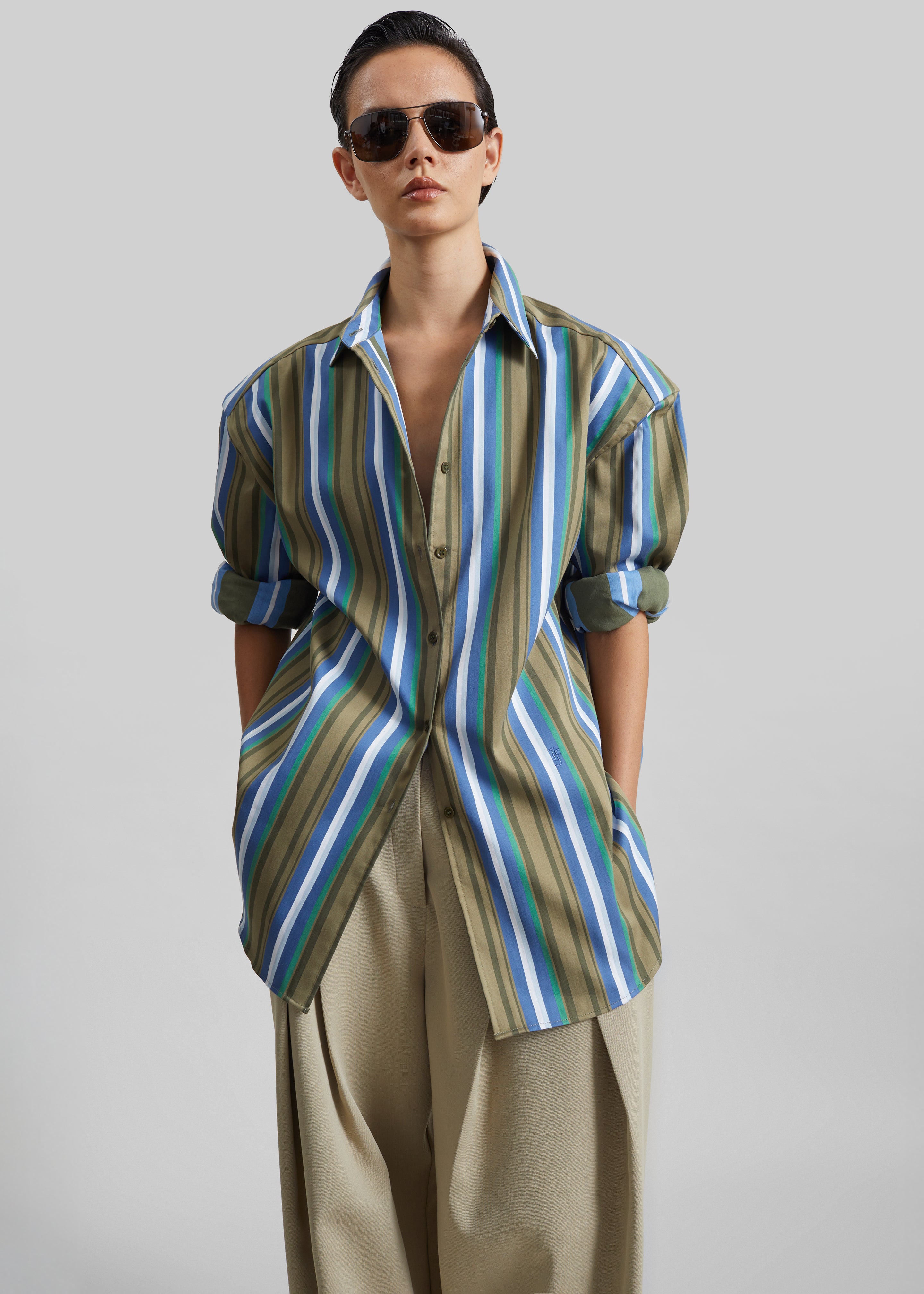 Chemise Oana en coton à épaulettes - Rayures vertes multicolores - 1