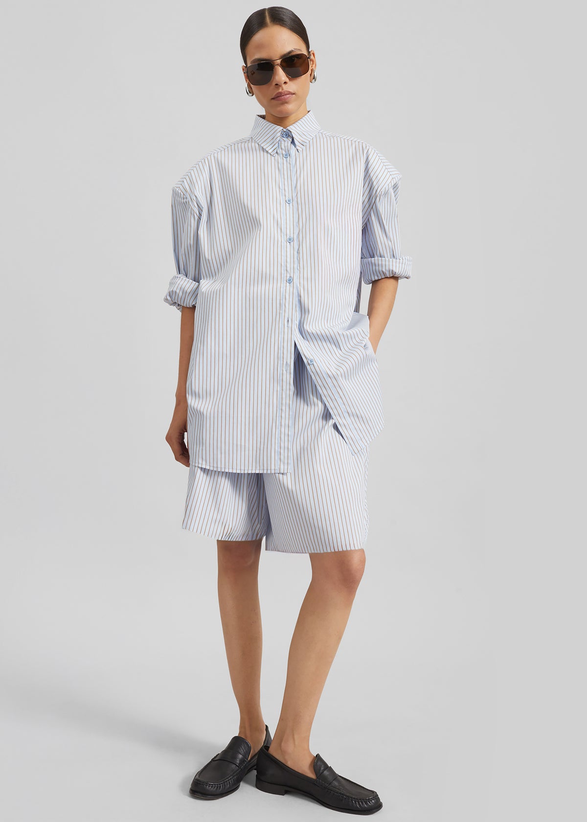 Shop the look image for Oana Cotton Padded Shirt - Light Blue/Brown Stripe
