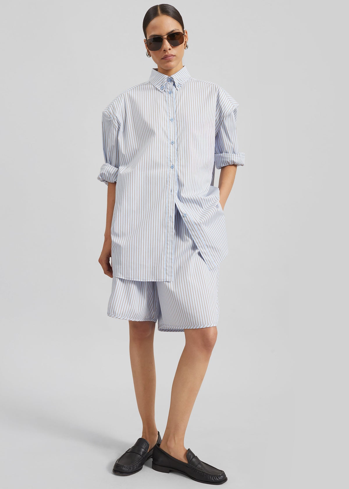 Oana Cotton Padded Shirt - Light Blue/Brown Stripe - 6