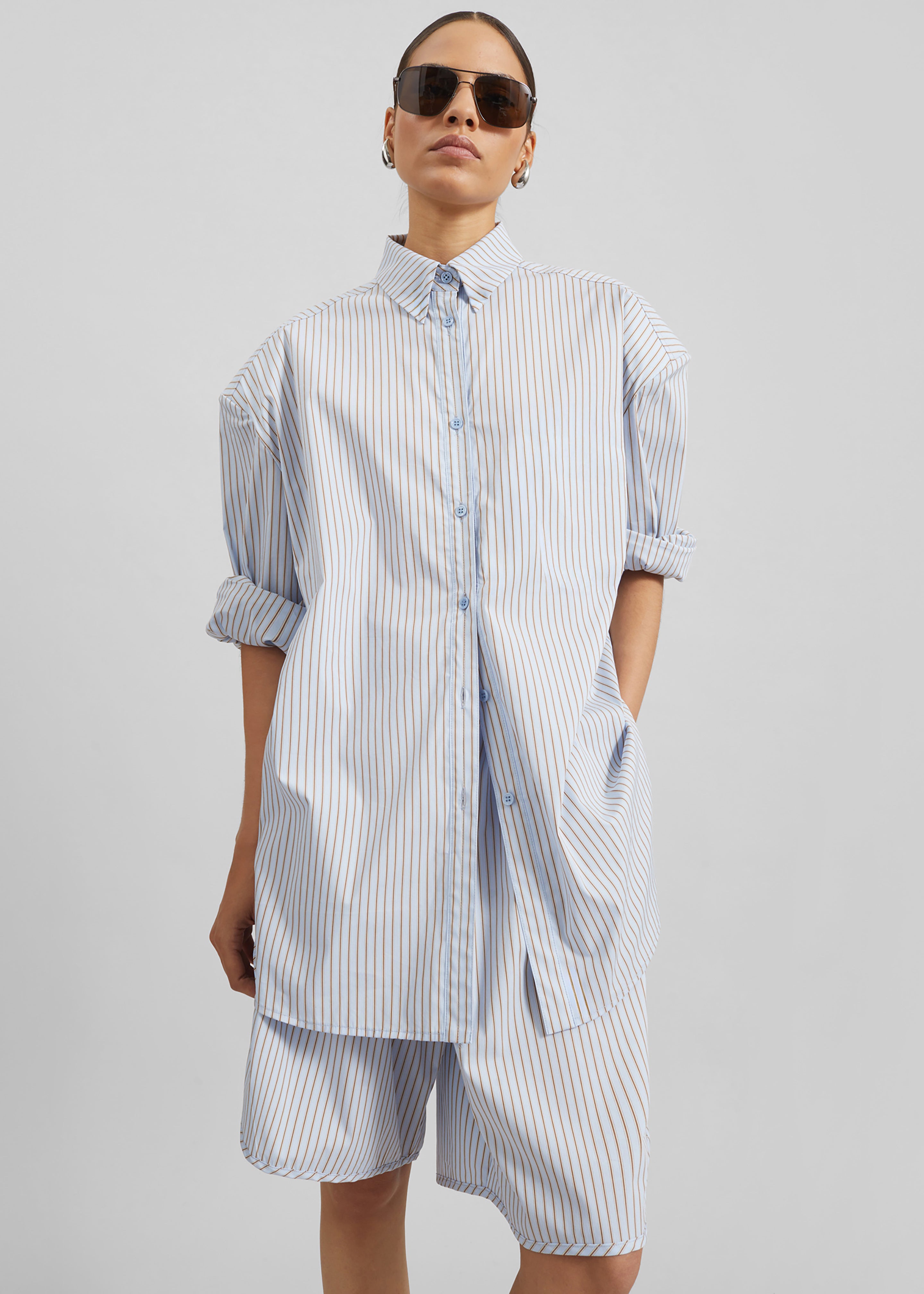 Chemise Oana en coton à épaulettes - Rayures bleu clair/marron - 7