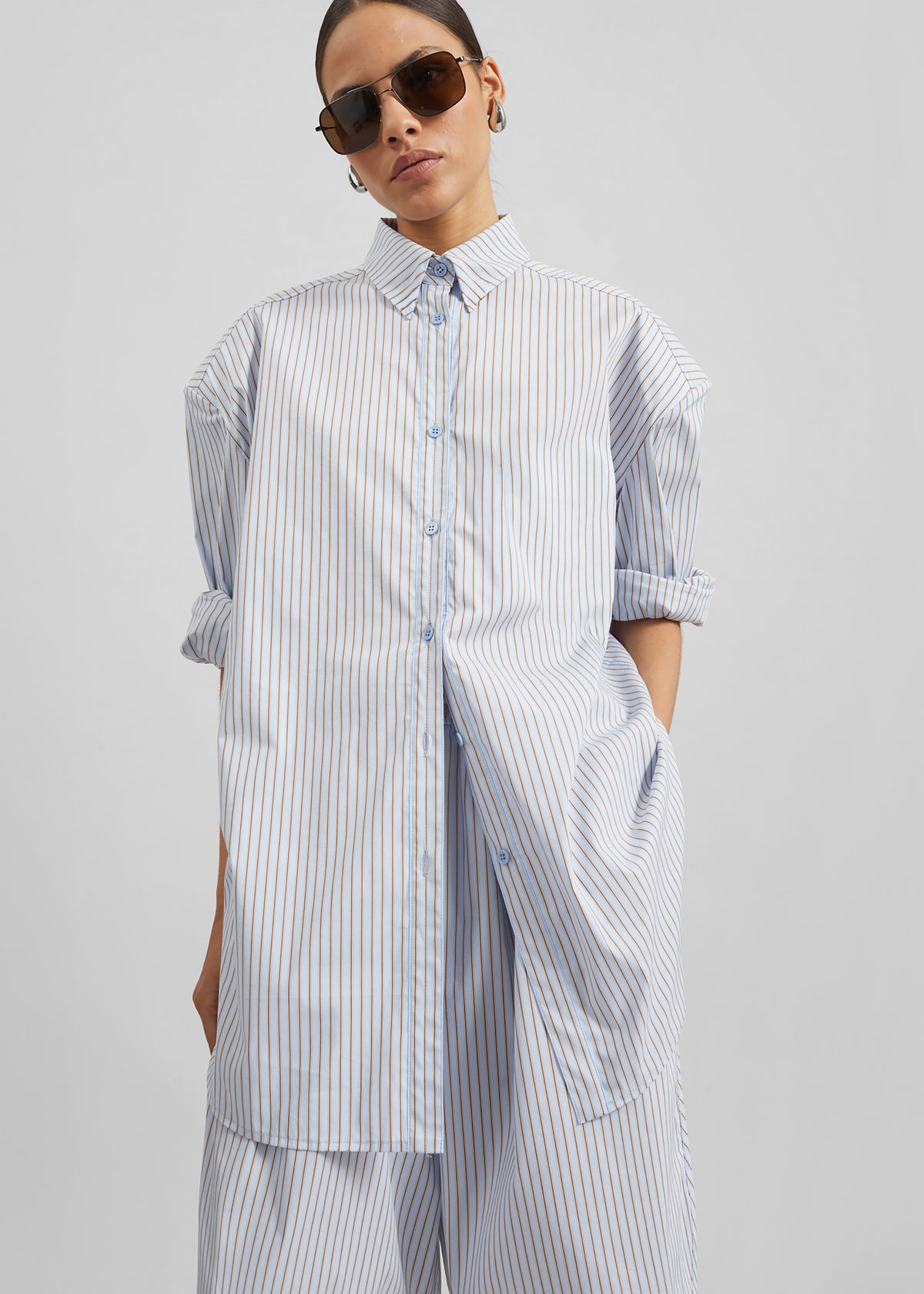 Chemise Oana en coton à épaulettes - Rayures bleu clair/marron - 3