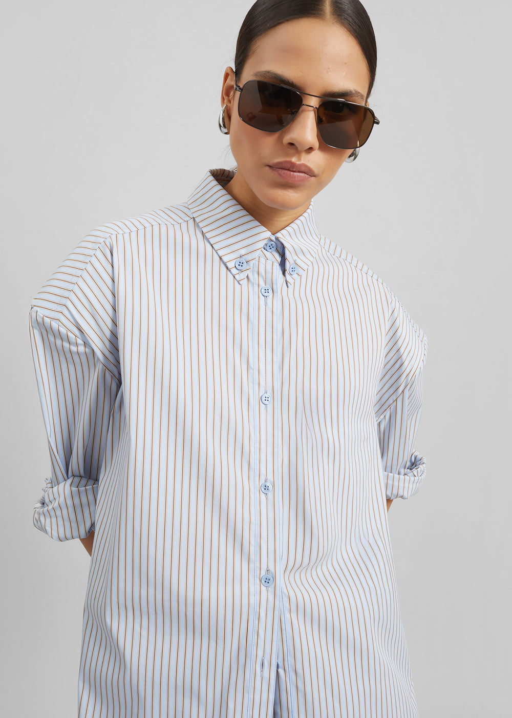 Oana Cotton Padded Shirt - Light Blue/Brown Stripe - 1