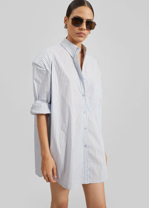 Chemise Oana en coton à épaulettes - Rayures bleu clair/marron