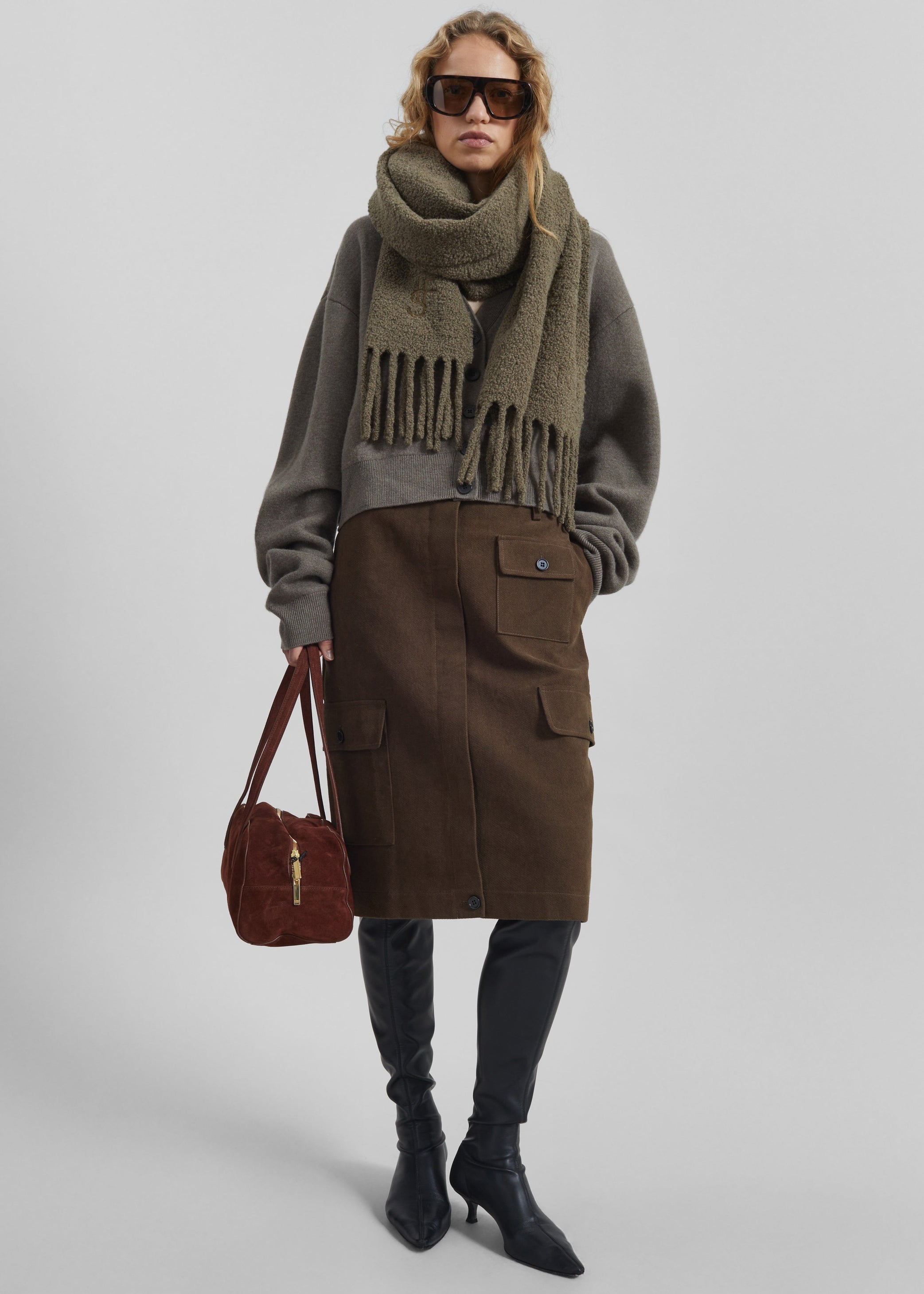 Shop the look image for Olari Alpaca Blend Boucle Scarf - Olive