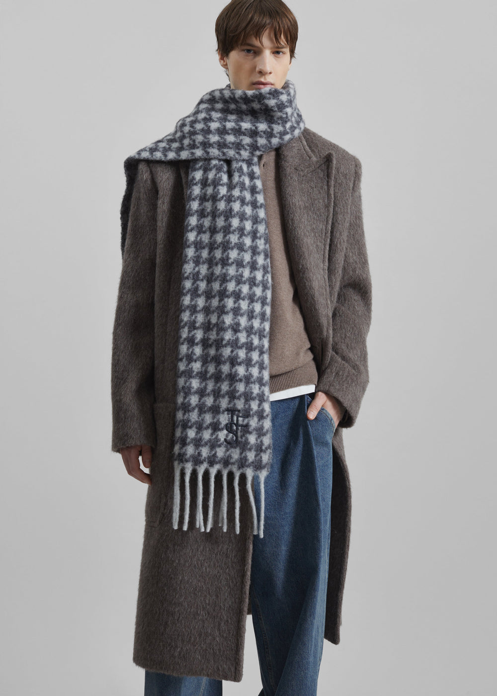 Olari Alpaca Blend Scarf - Grey Houndstooth Check