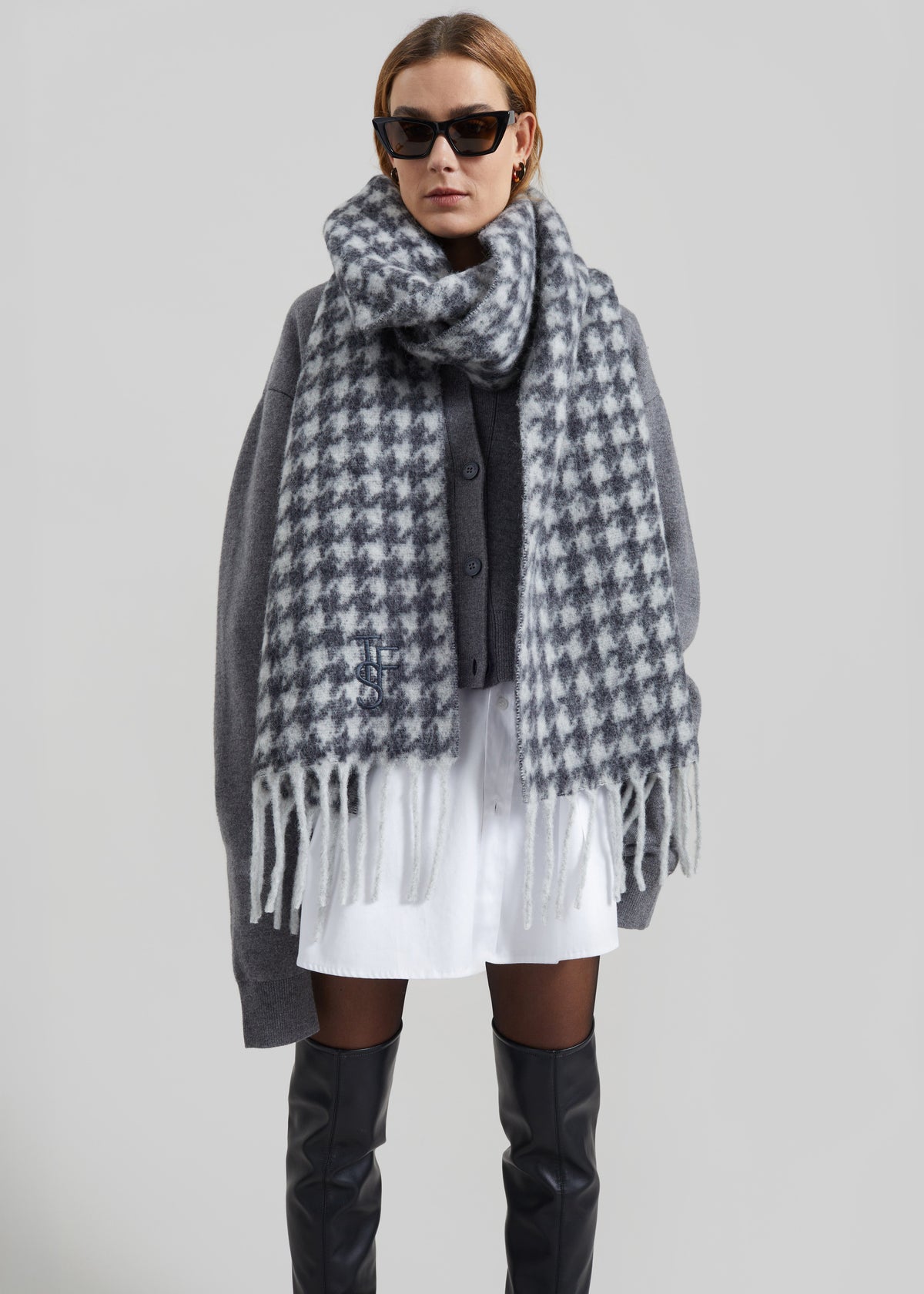 Olari Alpaca Blend Scarf - Grey Houndstooth Check