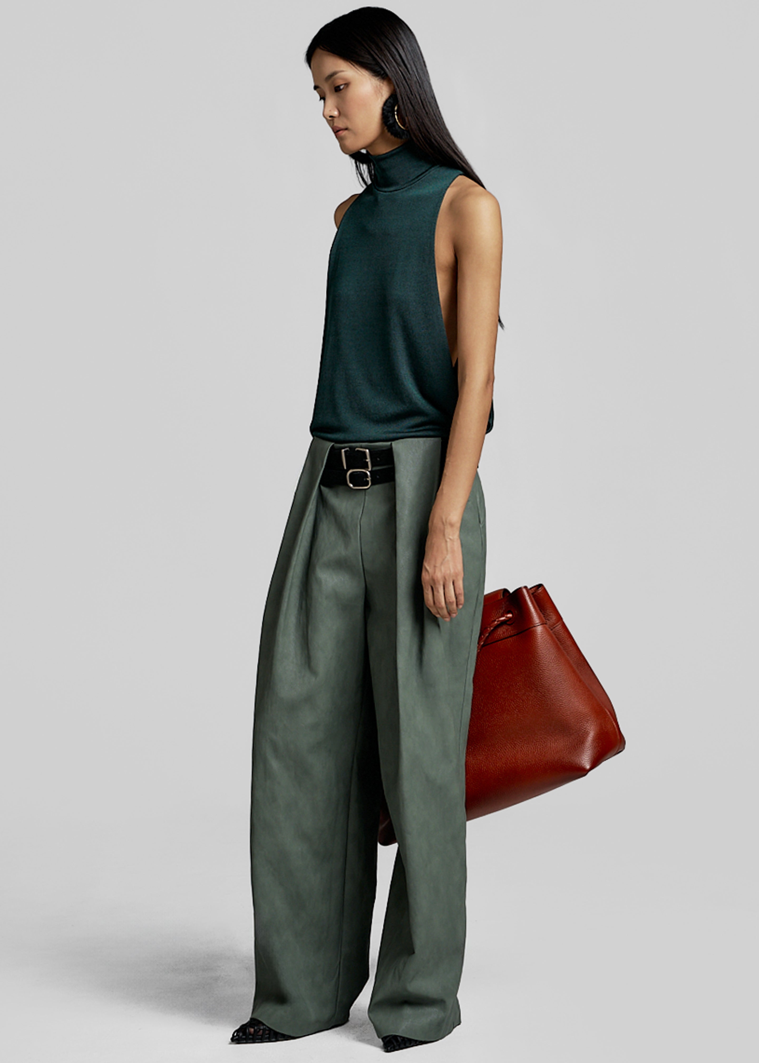 Olivet Faux Leather Trousers - Moss Green - 4