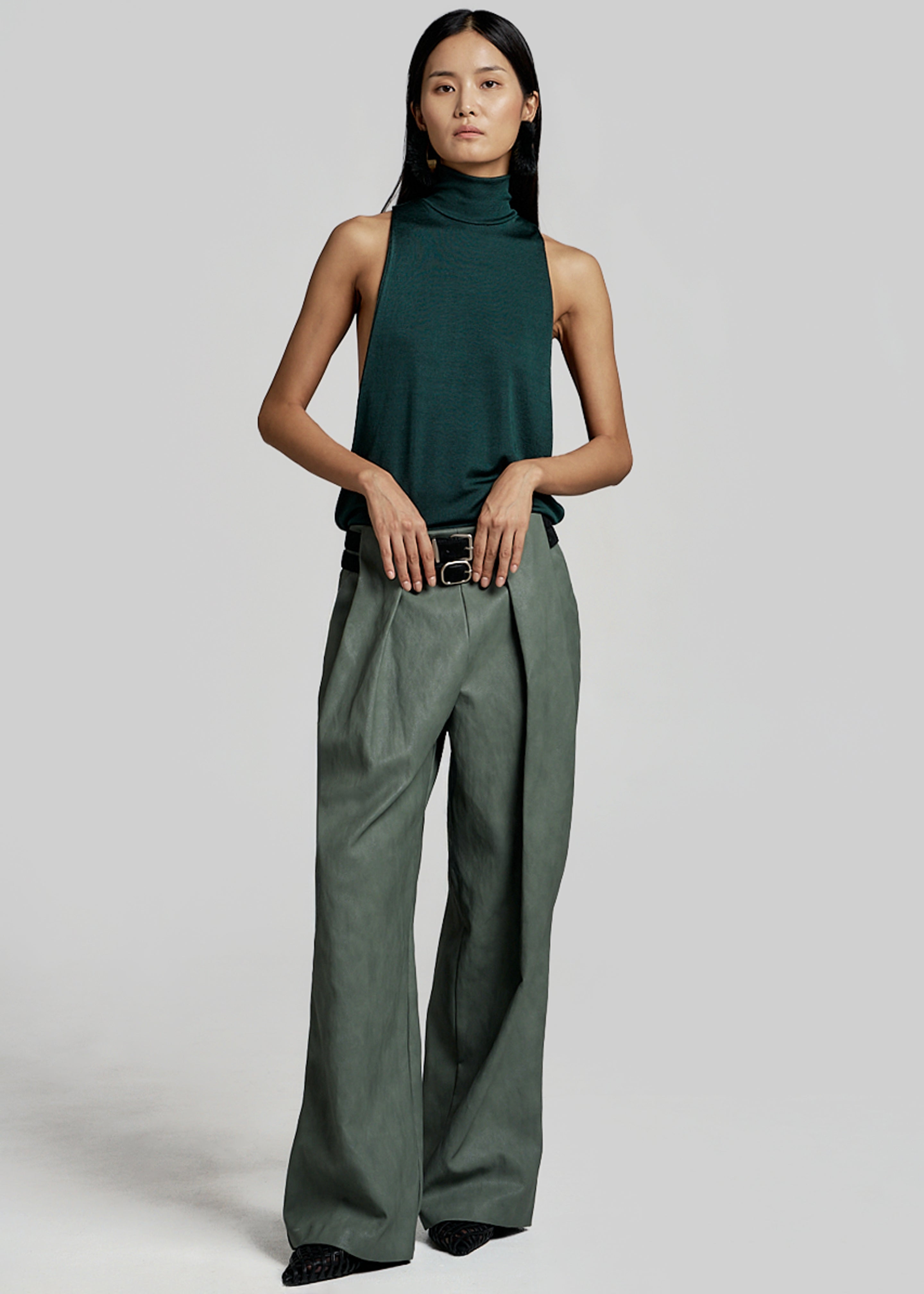 Olivet Faux Leather Trousers - Moss Green - 1