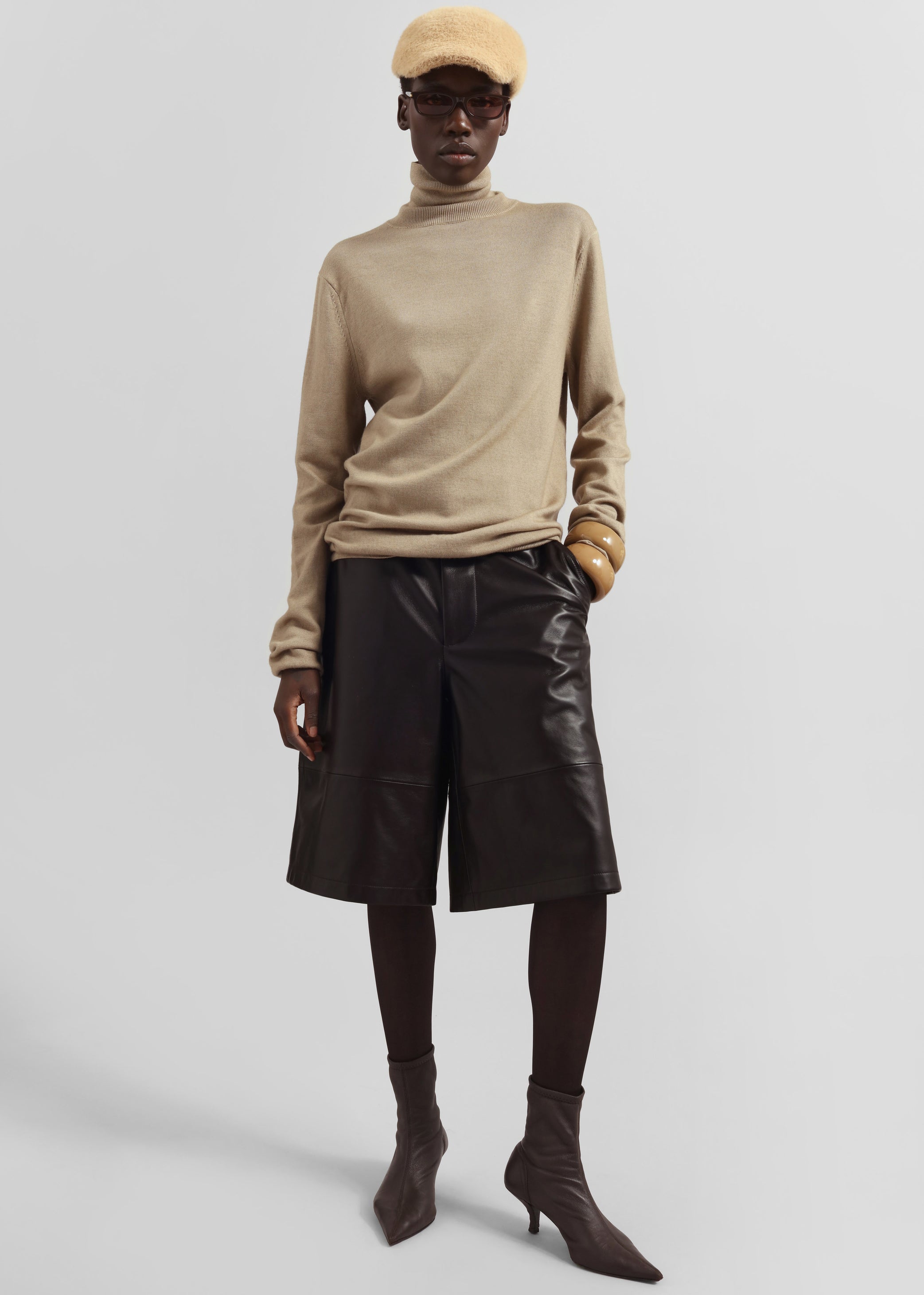 Shop the look image for Olivia Leather Bermuda Shorts - Dark Brown