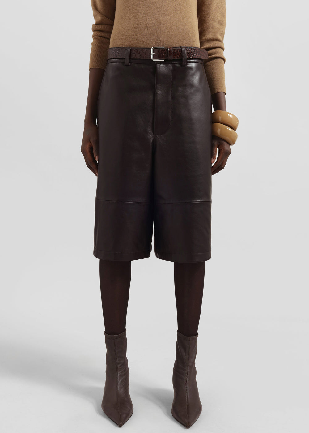 Olivia Leather Bermuda Shorts - Dark Brown - 1