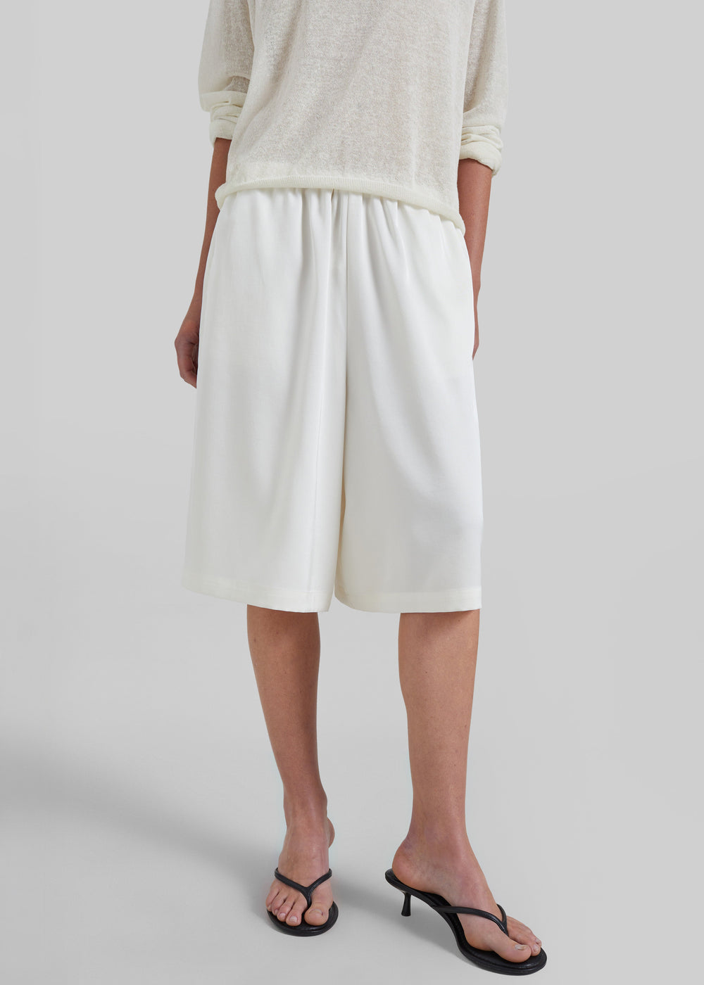 Olyne Satin Wide Bermuda Shorts - Ivory - 1