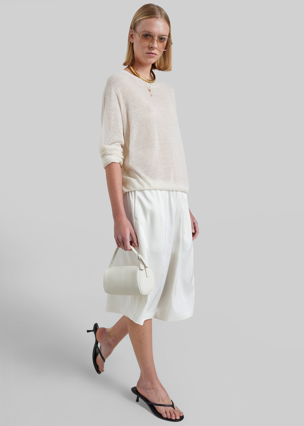 Olyne Satin Wide Bermuda Shorts - Ivory - 5