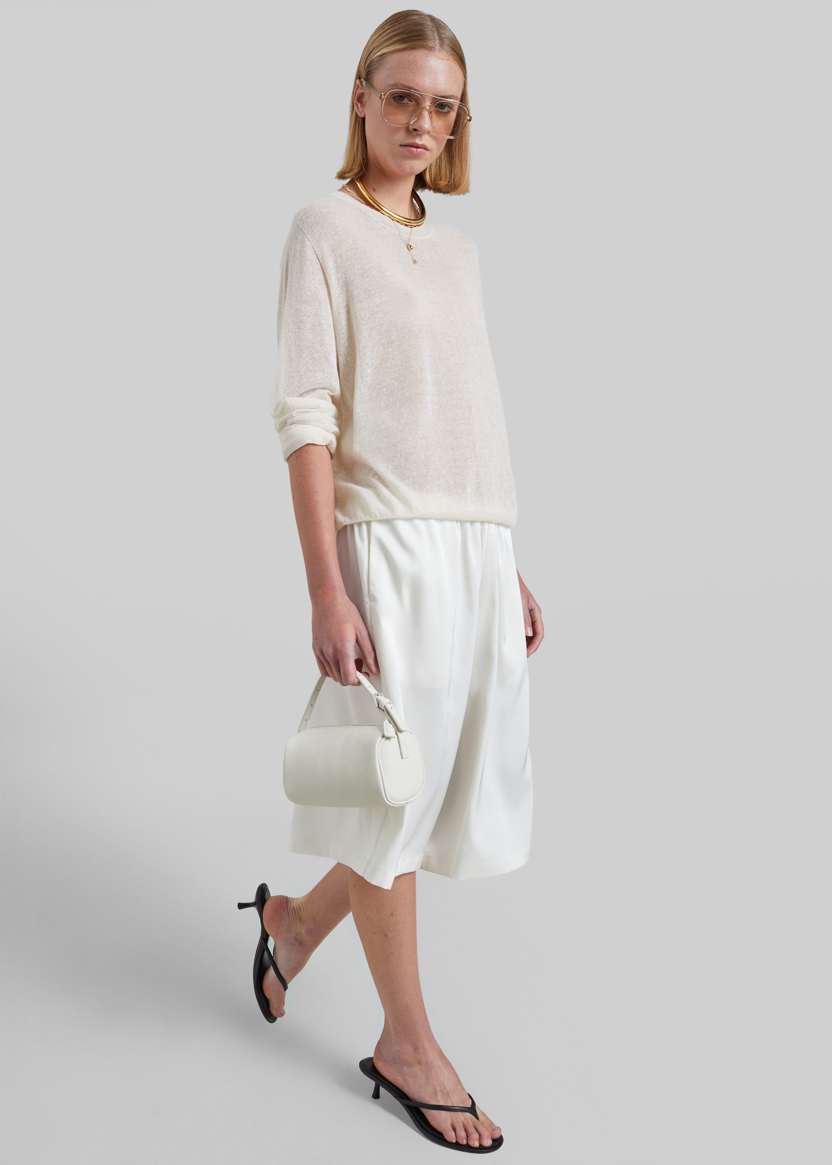Olyne Satin Wide Bermuda Shorts - Ivory - 5
