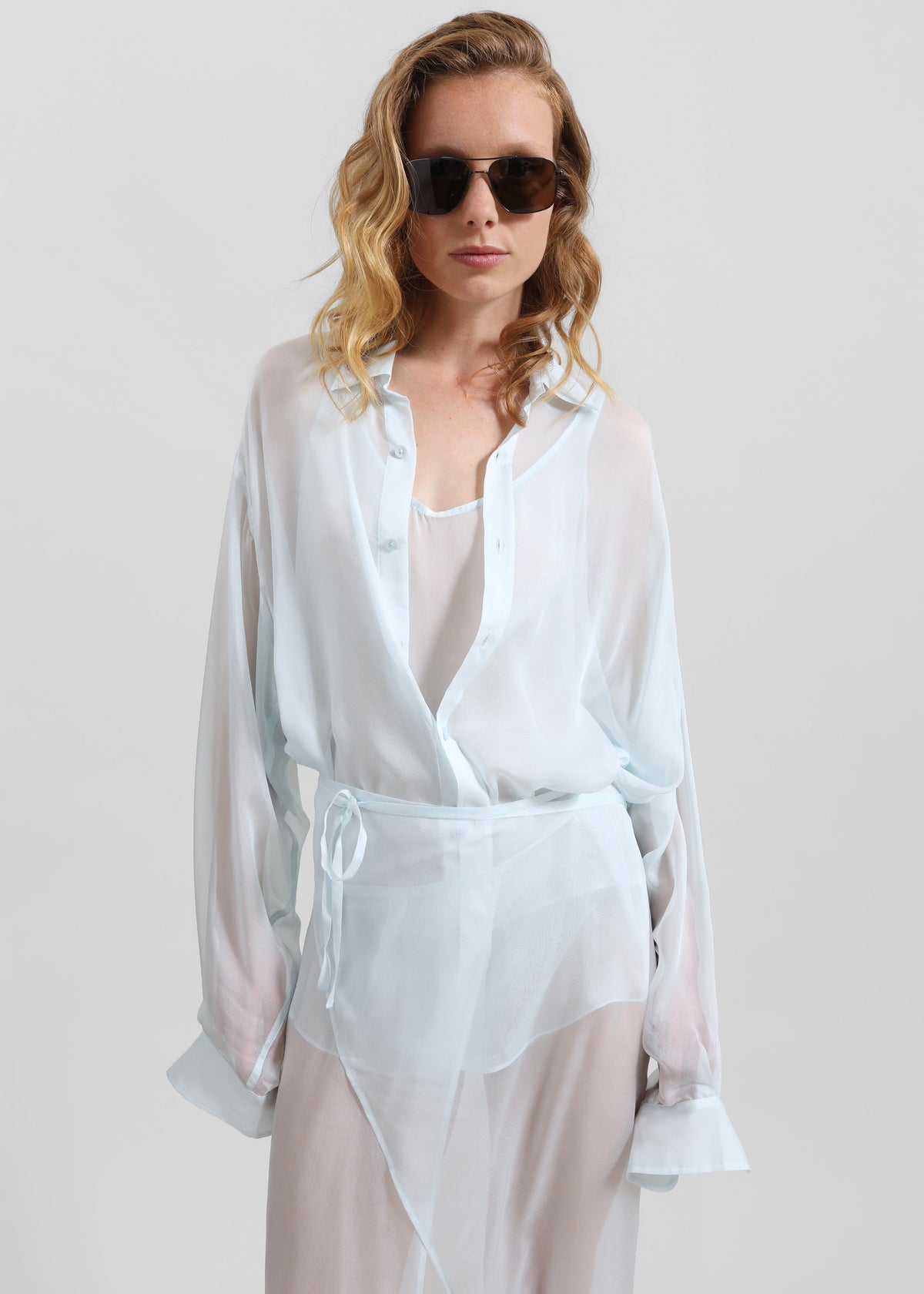 Oria Sheer Silk Chiffon Shirt - Pale Blue - 2
