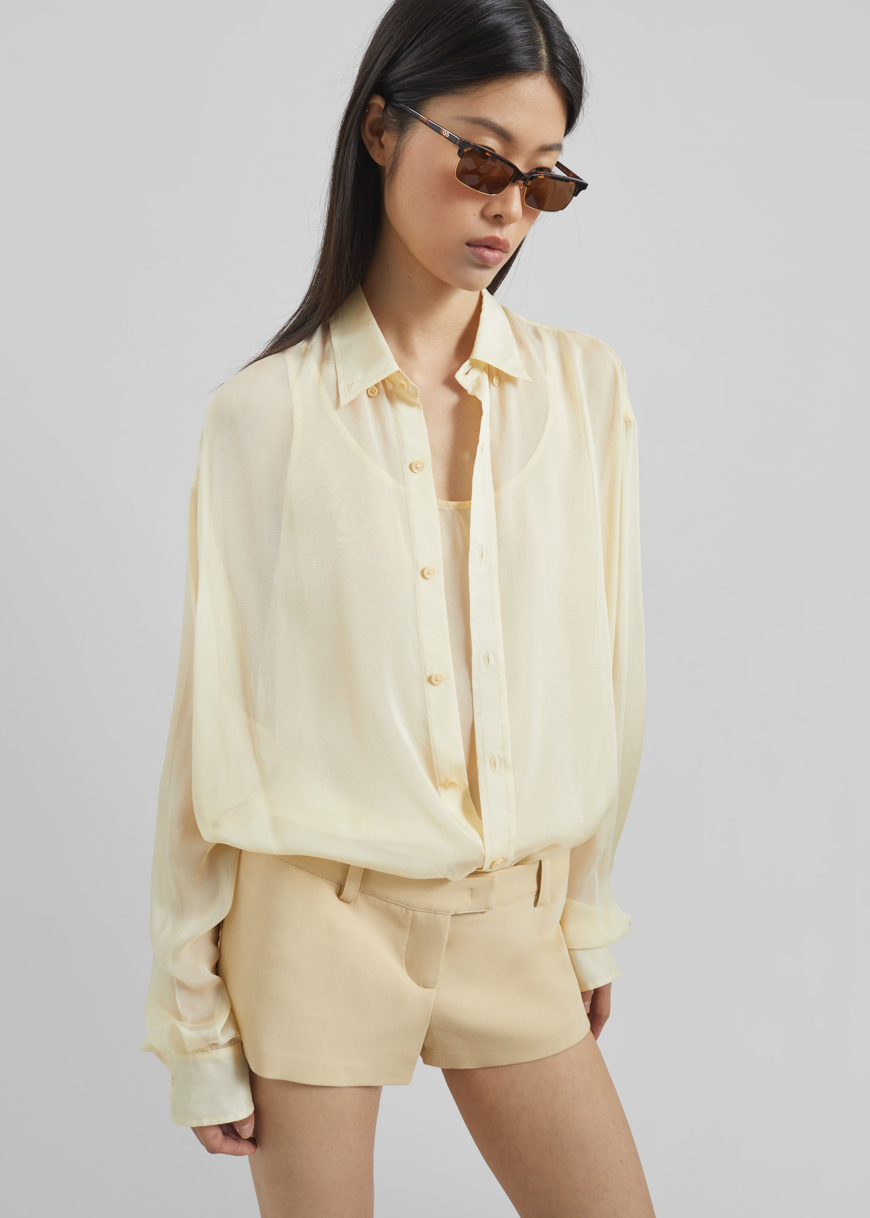 Oria Sheer Silk Chiffon Shirt - Pale Yellow - 5