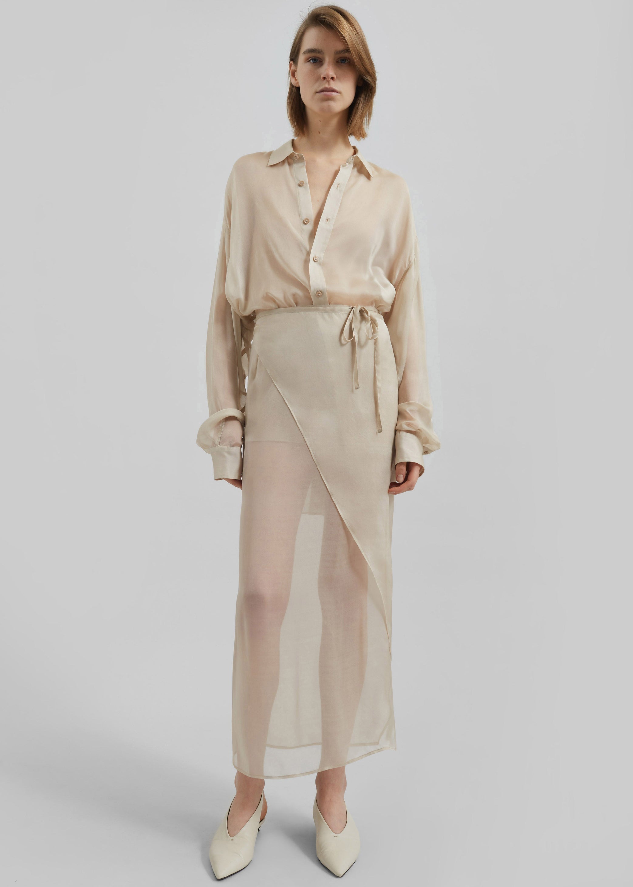 Shop the look image for Oria Sheer Silk Chiffon Shirt - Beige