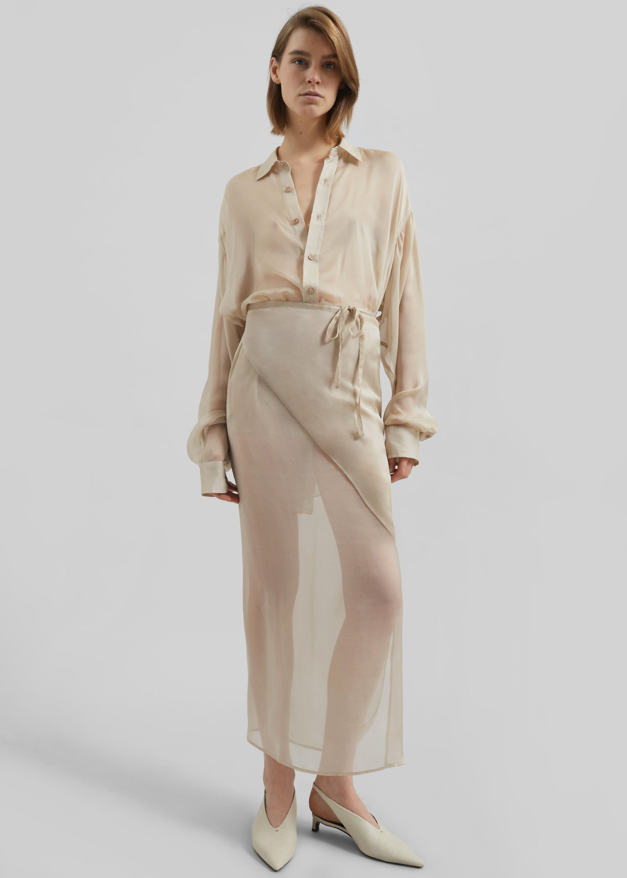 Shop the look image for Oria Sheer Silk Chiffon Wrap Skirt - Beige