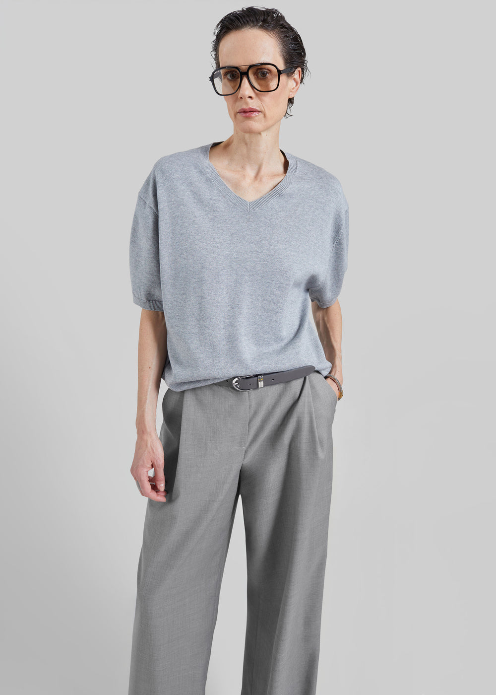 Ornan V-Neck Knit Pullover - Light Grey