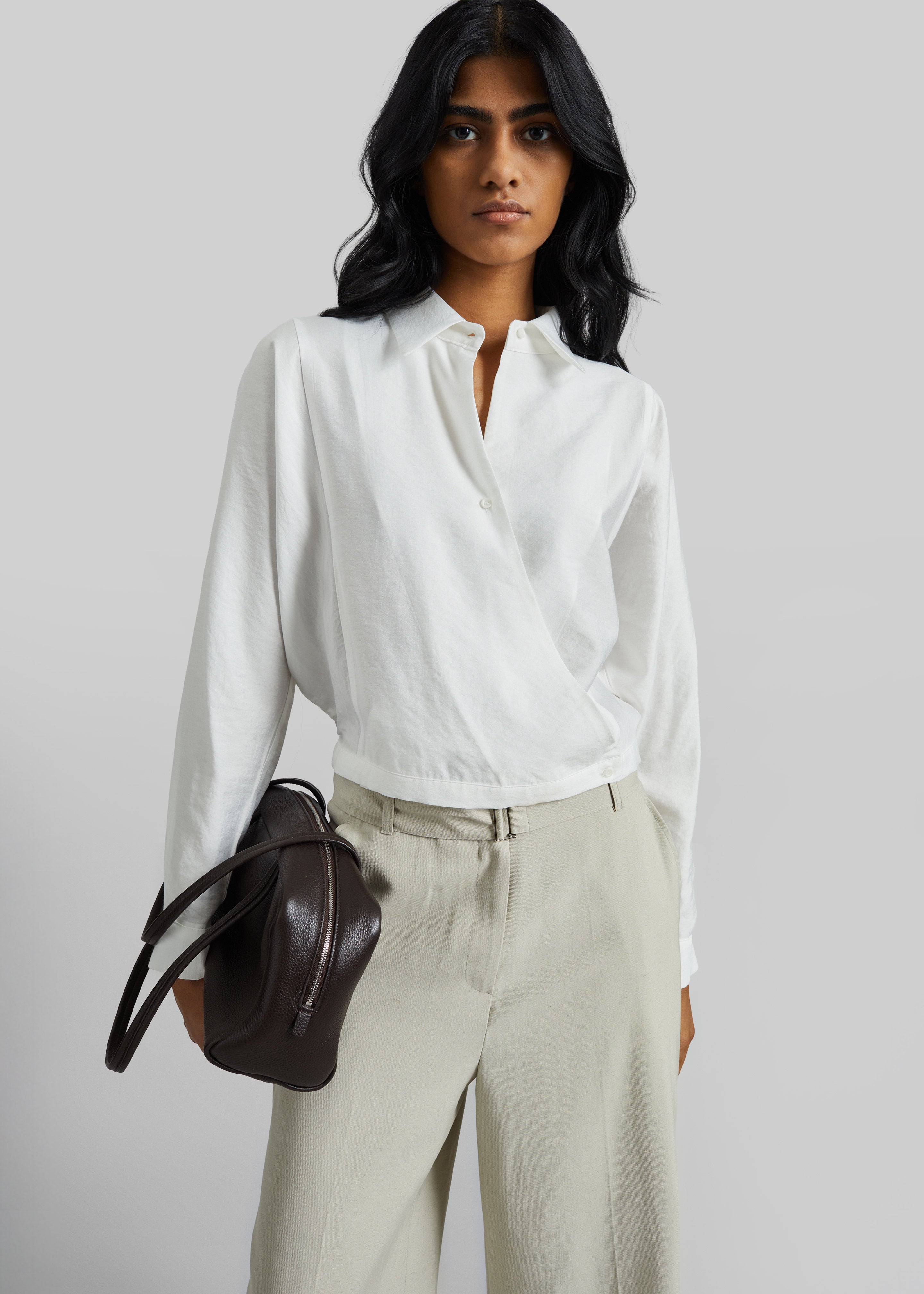 Orsel Cropped Crossover Shirt - White - 1