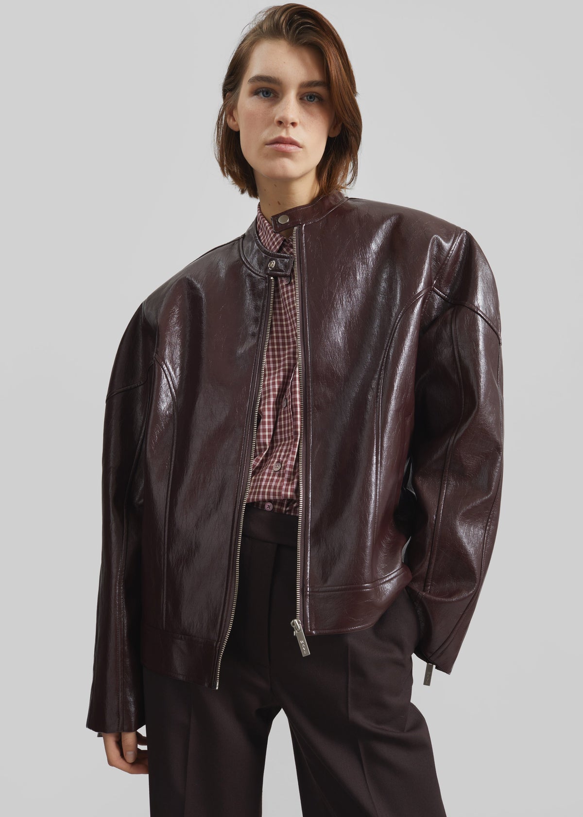Ostend Faux Leather Biker Jacket - Burgundy - 4