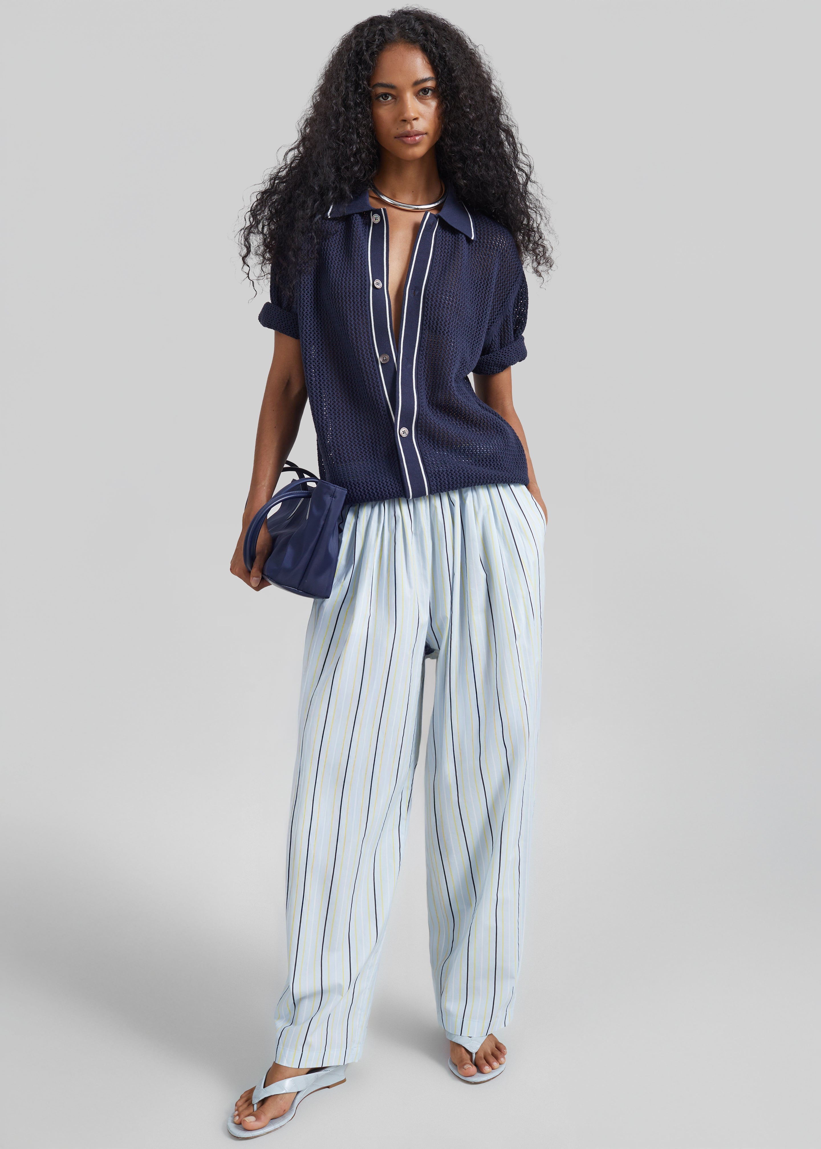 Otranto Cotton Barrel Leg Pants - Blue Multi Stripe - 5