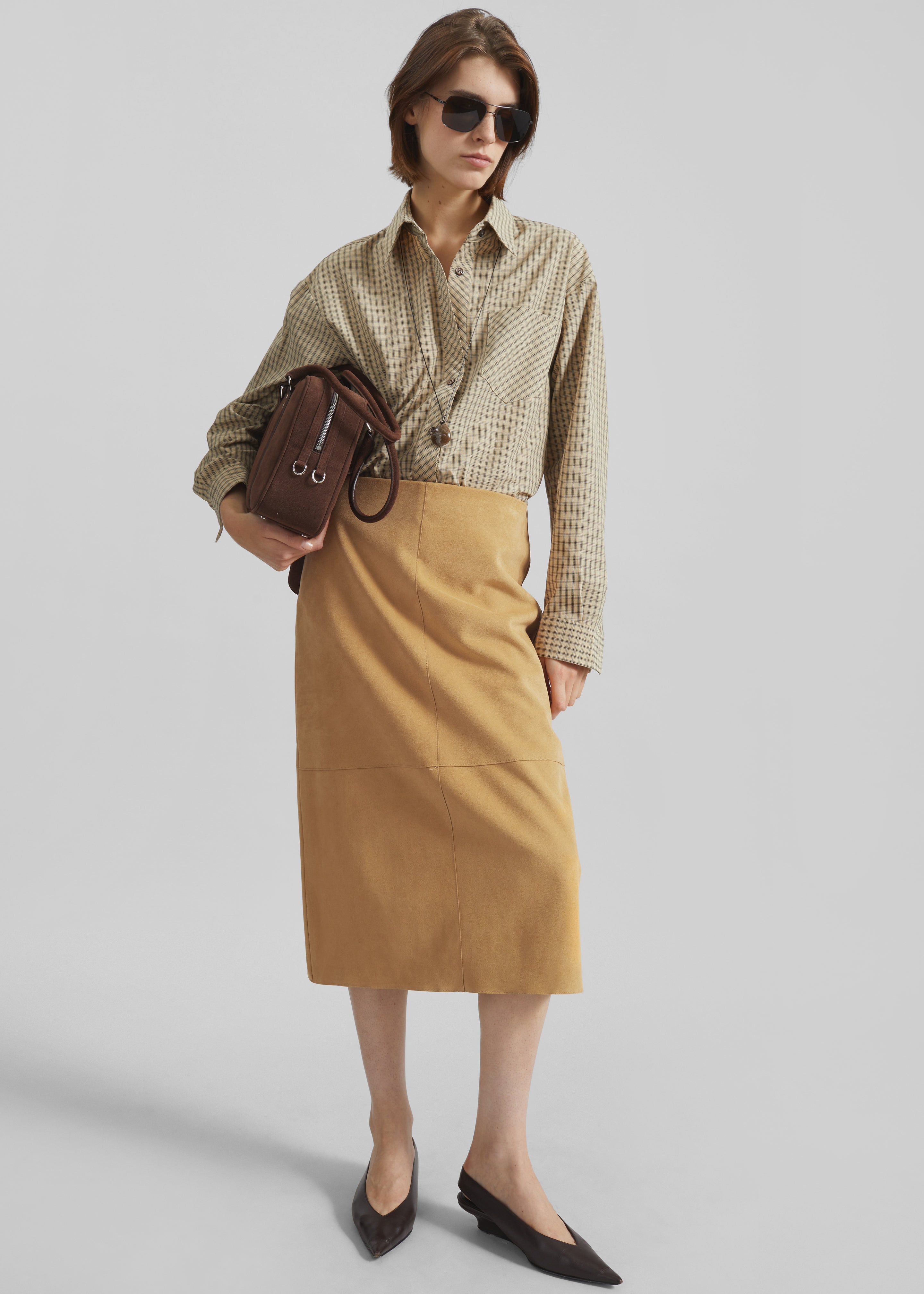 Pavia Faux Suede Pencil Skirt - Camel - 1