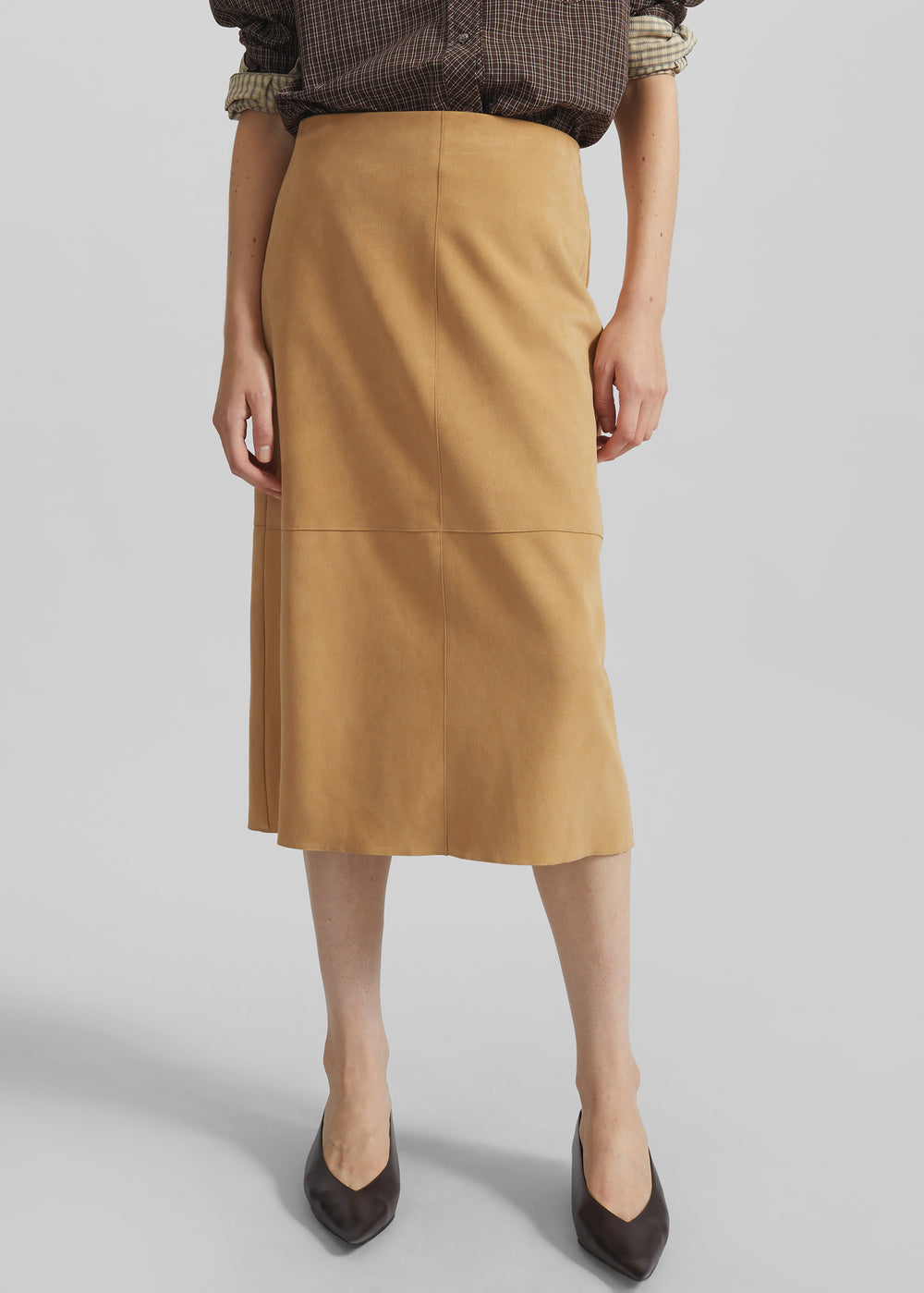 Pavia Faux Suede Pencil Skirt - Camel - 1