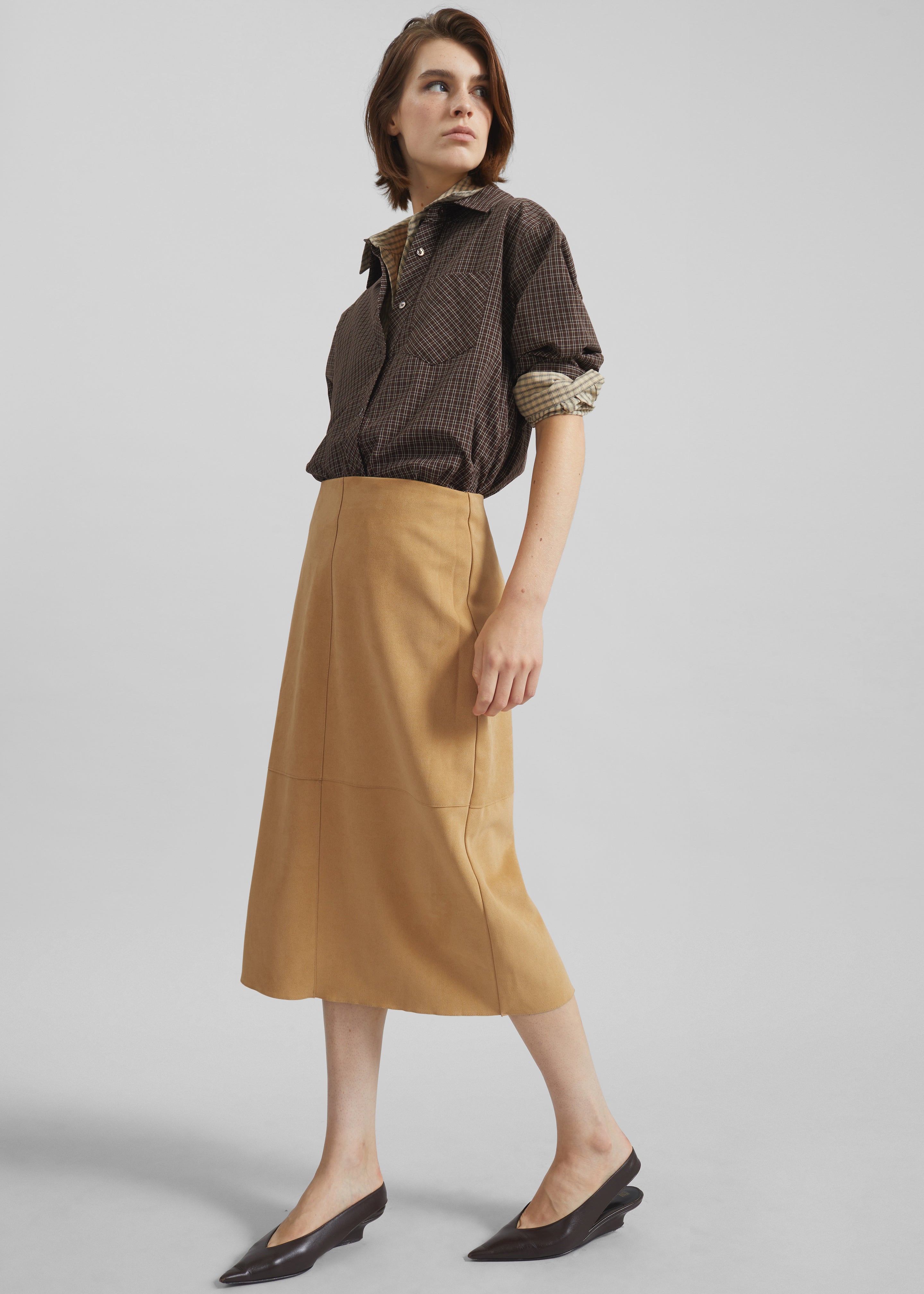 Pavia Faux Suede Pencil Skirt - Camel - 3