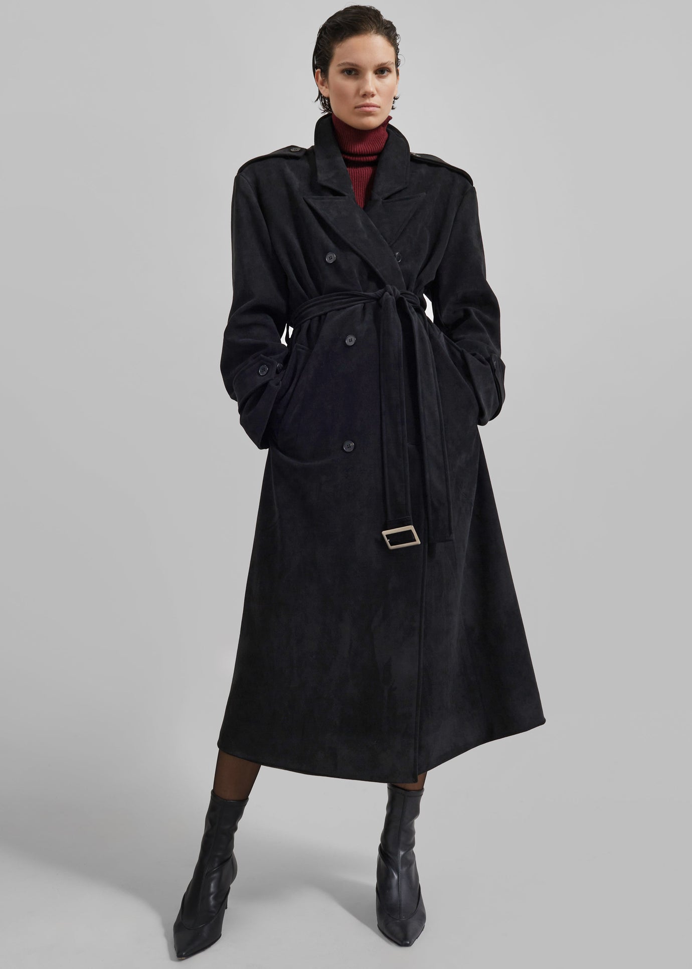 Peoria Faux Suede Trench Coat - Black - 1