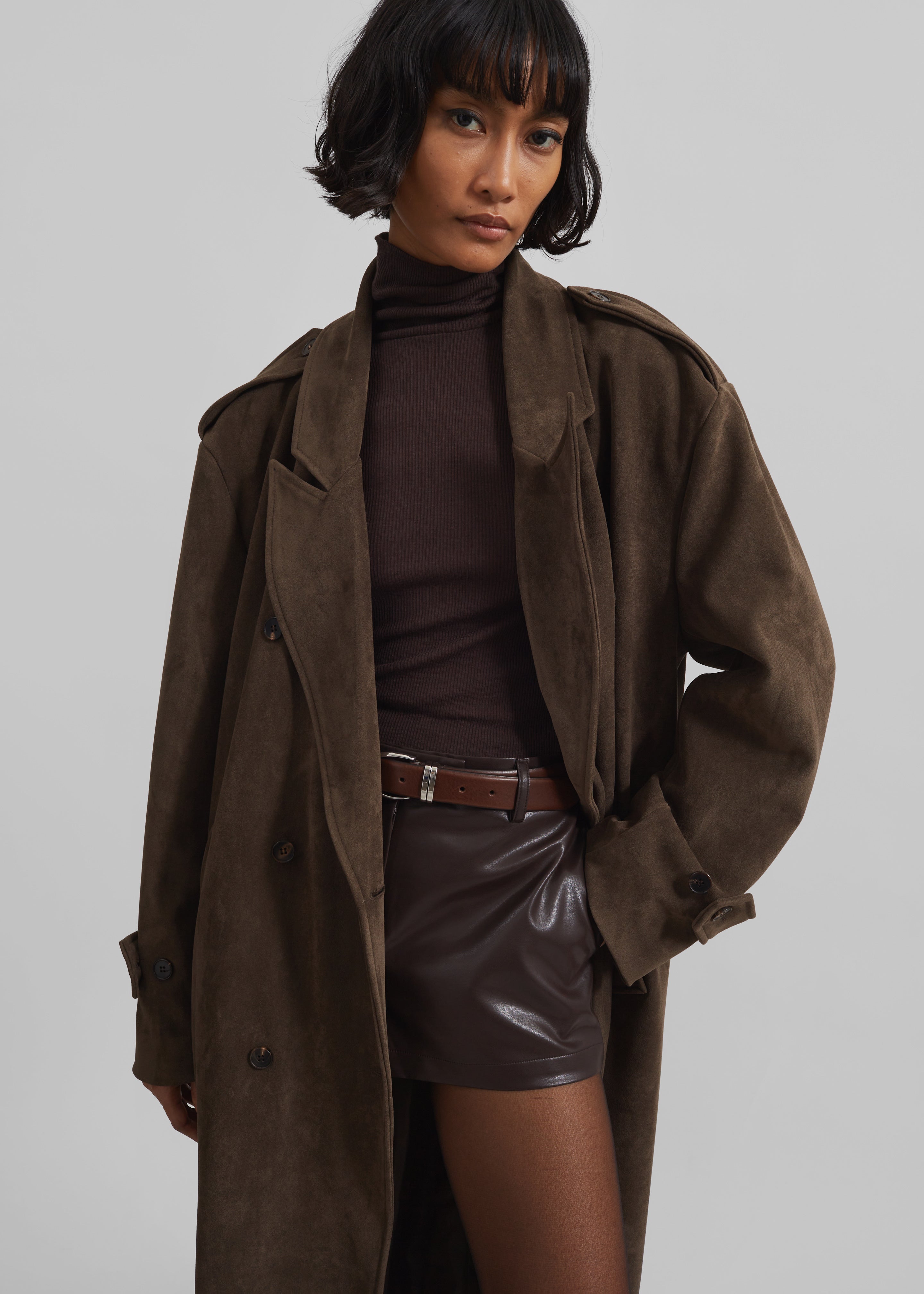 Peoria Faux Suede Trench Coat - Brown - 6