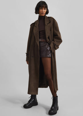 Peoria Faux Suede Trench Coat - Brown