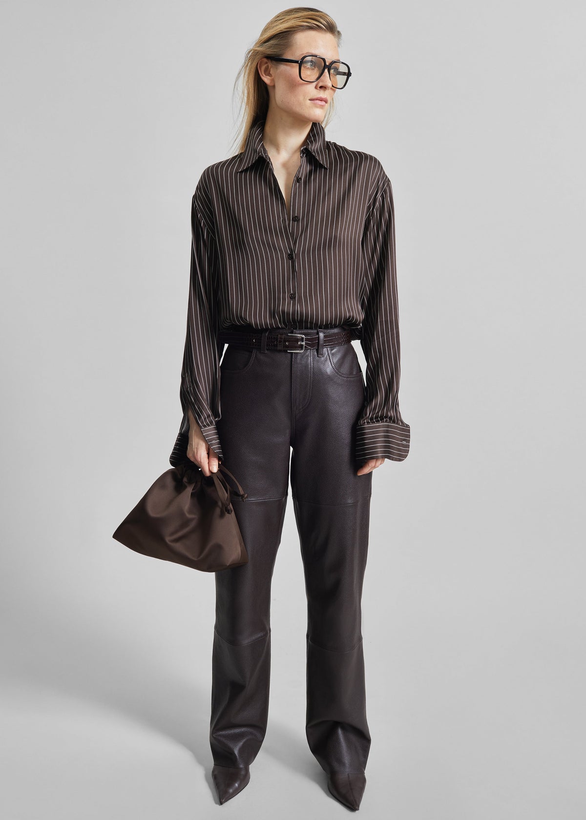 Peri Satin Fluid Shirt - Brown/White Pinstripe - 2