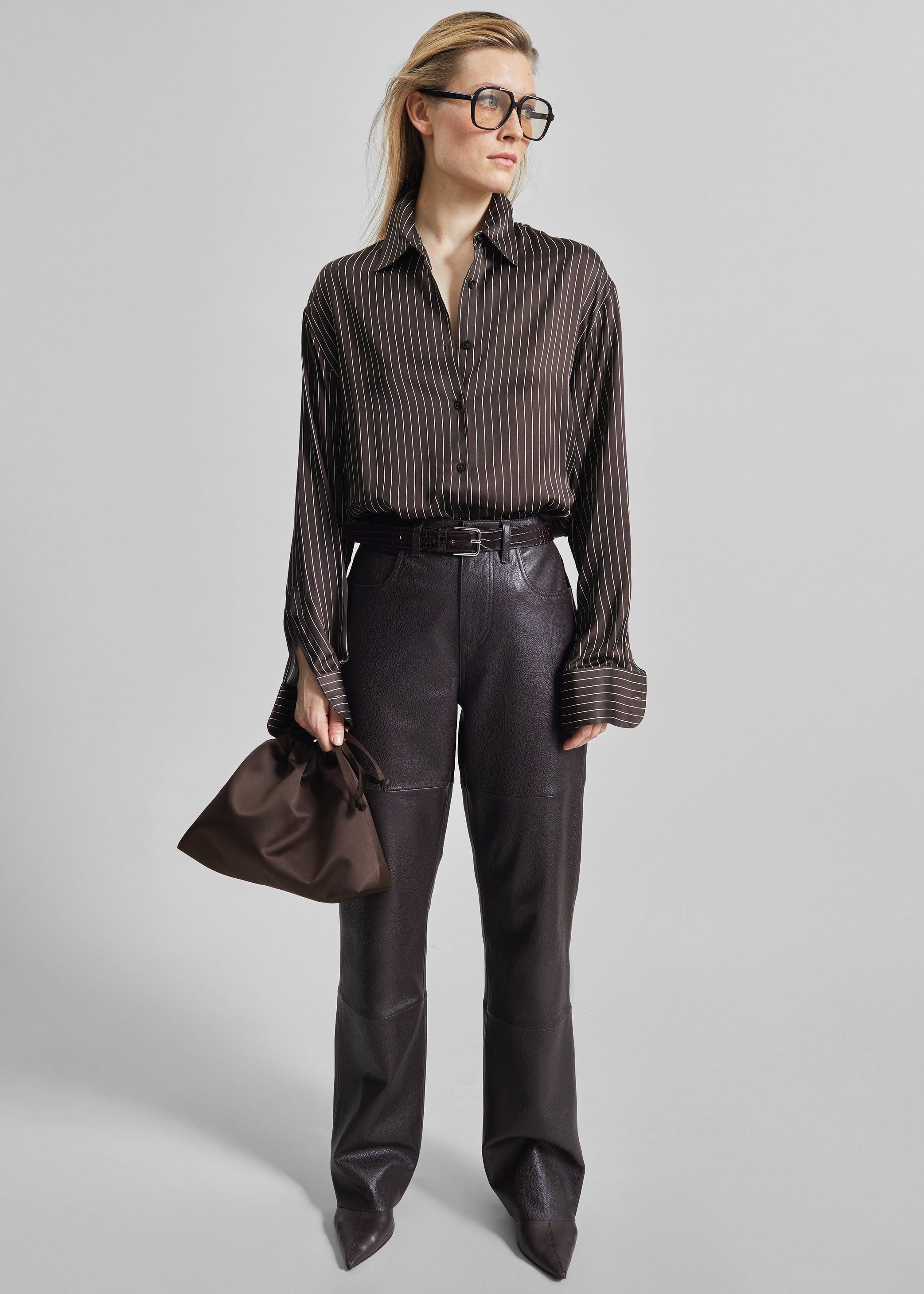 Shop the look image for Peri Satin Fluid Shirt - Brown/White Pinstripe