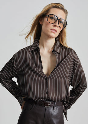 Peri Satin Fluid Shirt - Brown/White Pinstripe
