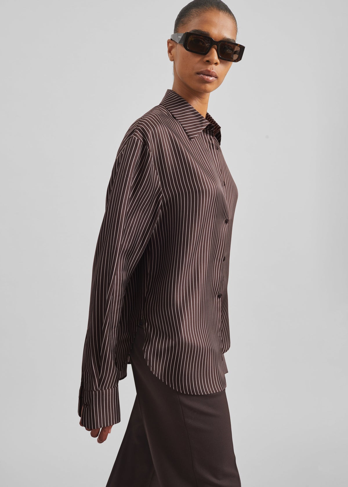 Peri Satin Fluid Shirt - Brown/White Pinstripe - 4
