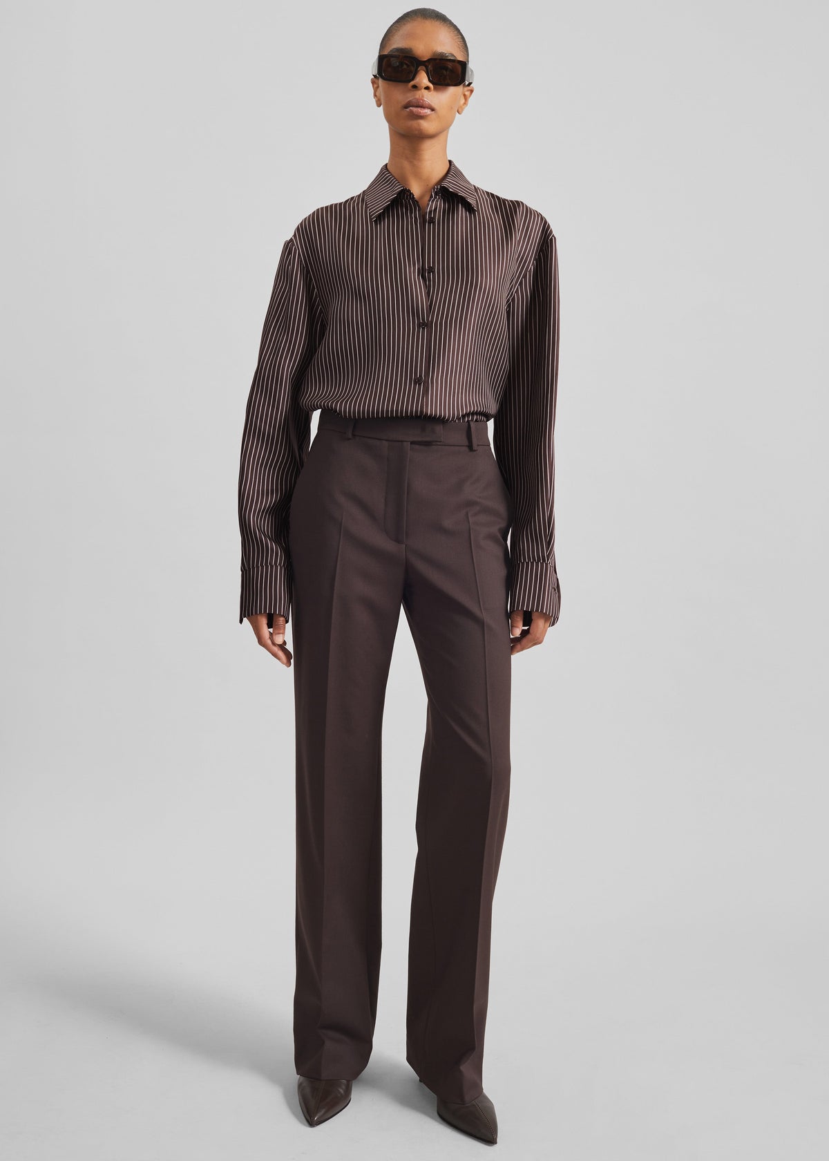 Peri Satin Fluid Shirt - Brown/White Pinstripe - 7