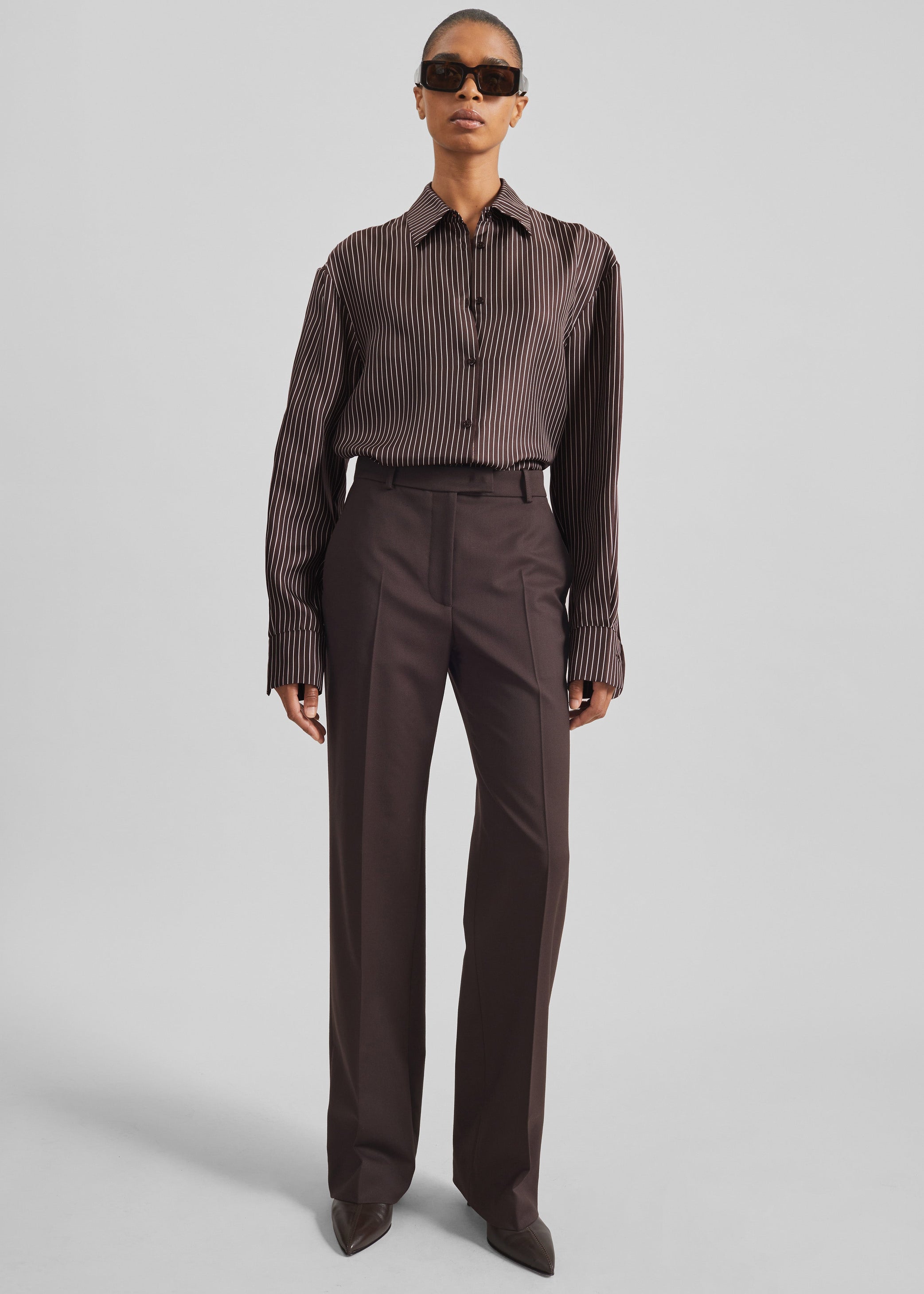 Shop the look image for Peri Satin Fluid Shirt - Brown/White Pinstripe
