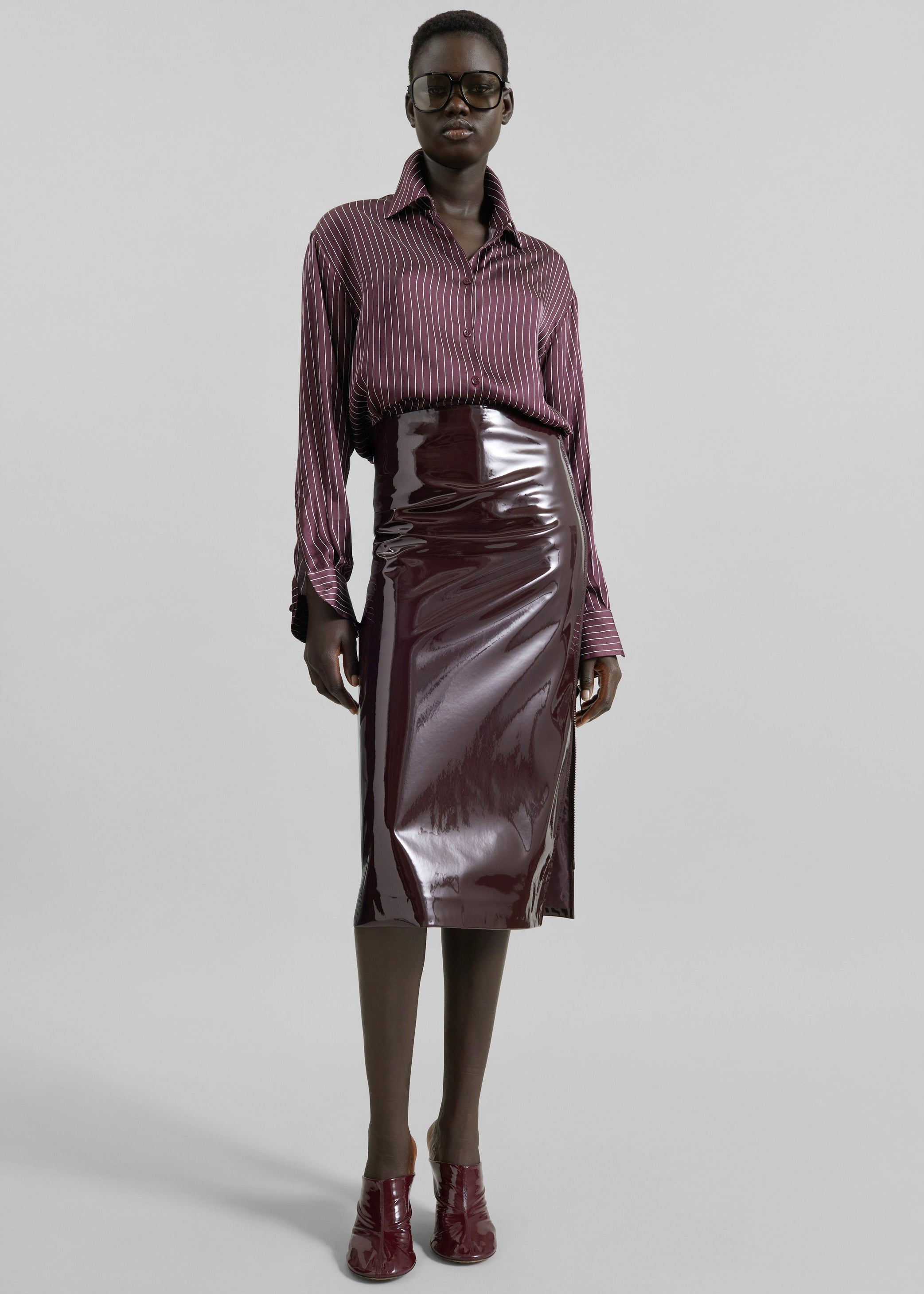 Shop the look image for Peri Satin Fluid Shirt - Burgundy/White Pinstripe