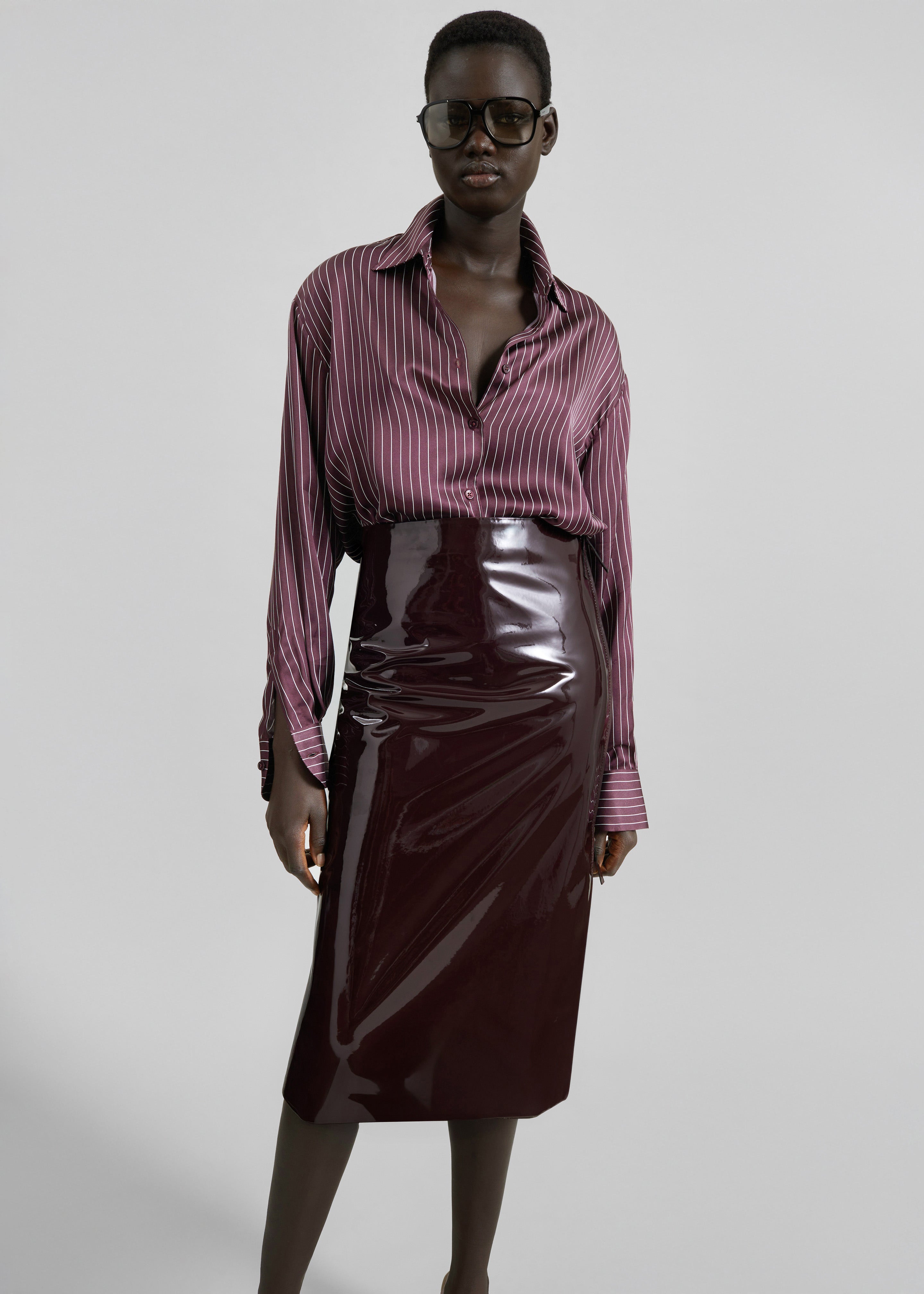Peri Satin Fluid Shirt - Burgundy/White Pinstripe - 7