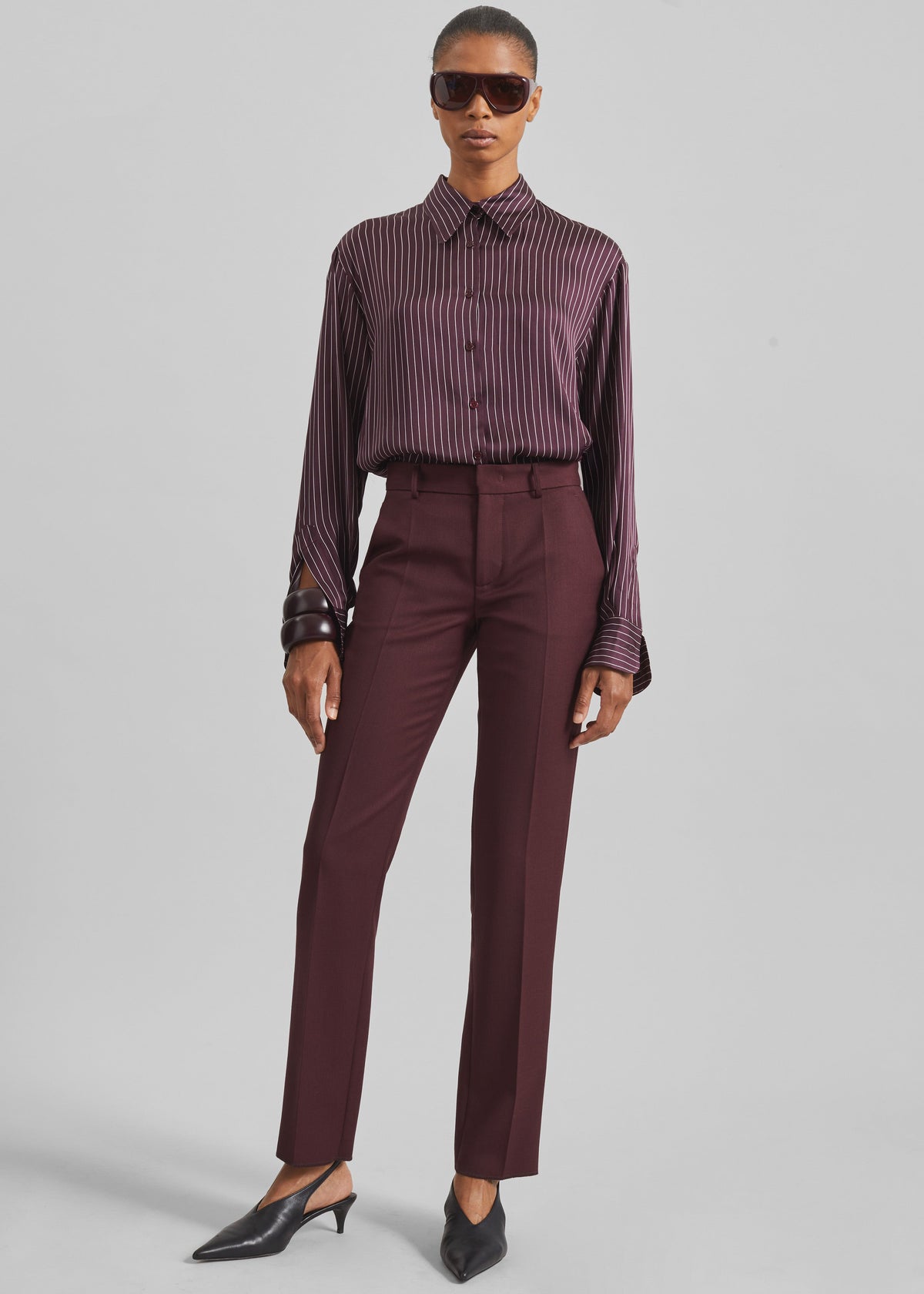 Peri Satin Fluid Shirt - Burgundy/White Pinstripe - 3