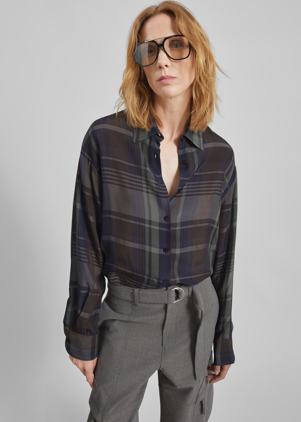 Peri Sheer Fluid Shirt - Navy Tartan - 1
