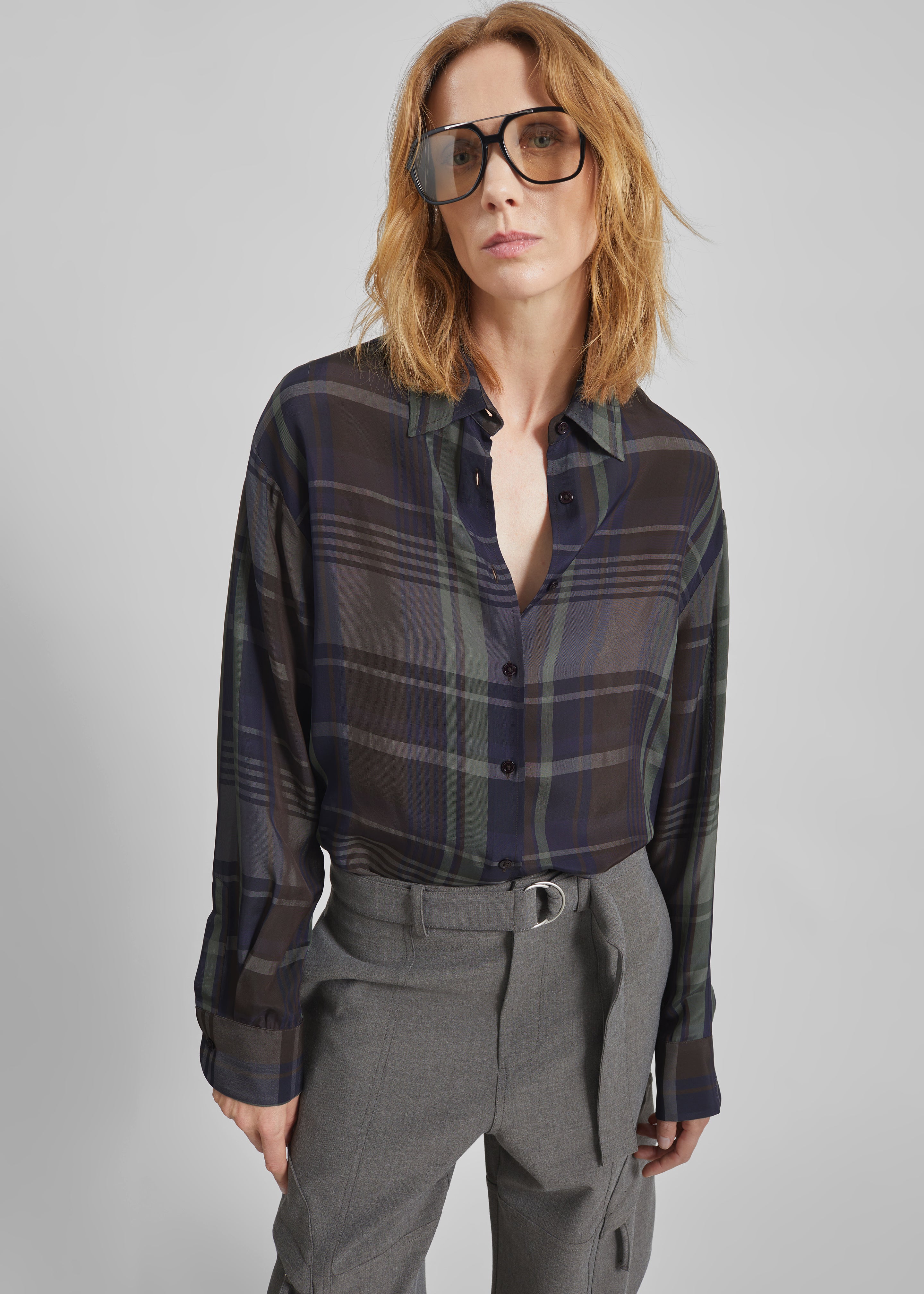 Peri Sheer Fluid Shirt - Navy Tartan - 2