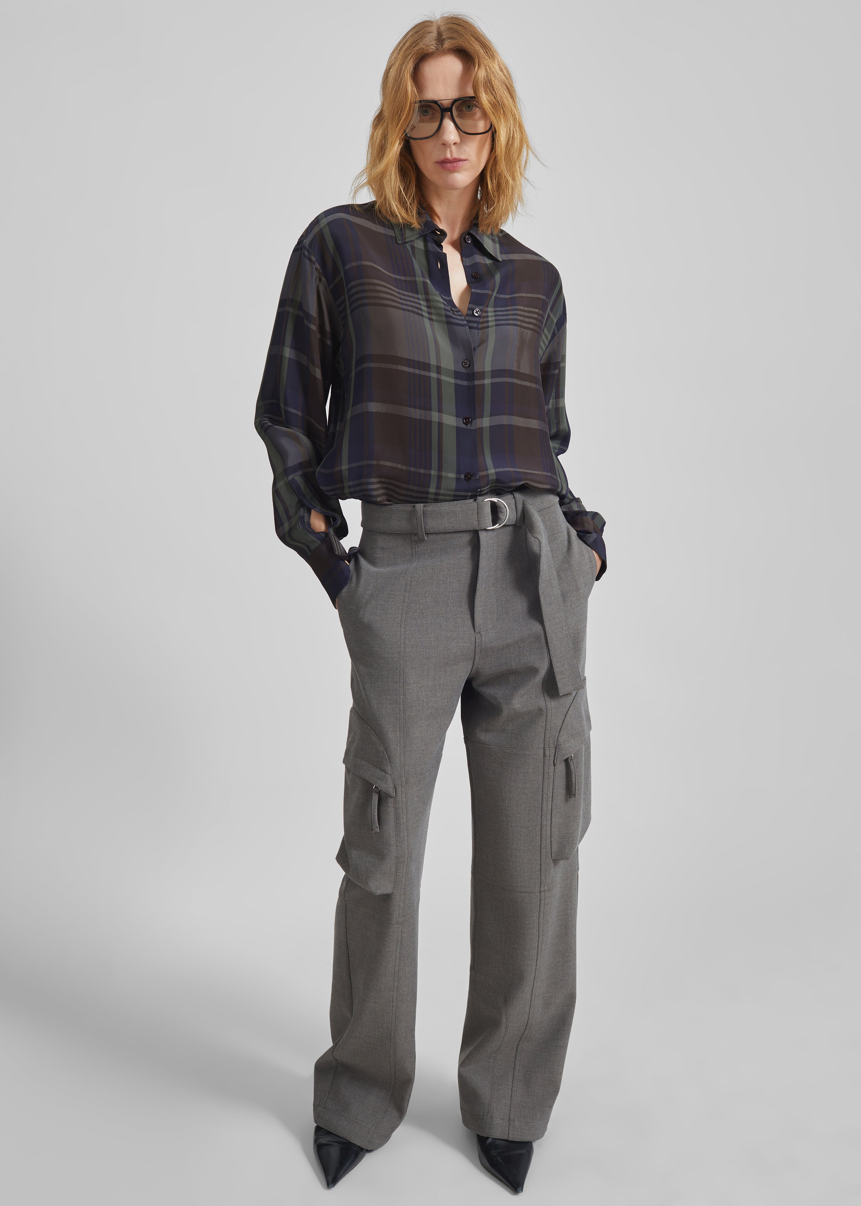 Peri Sheer Fluid Shirt - Navy Tartan - 5