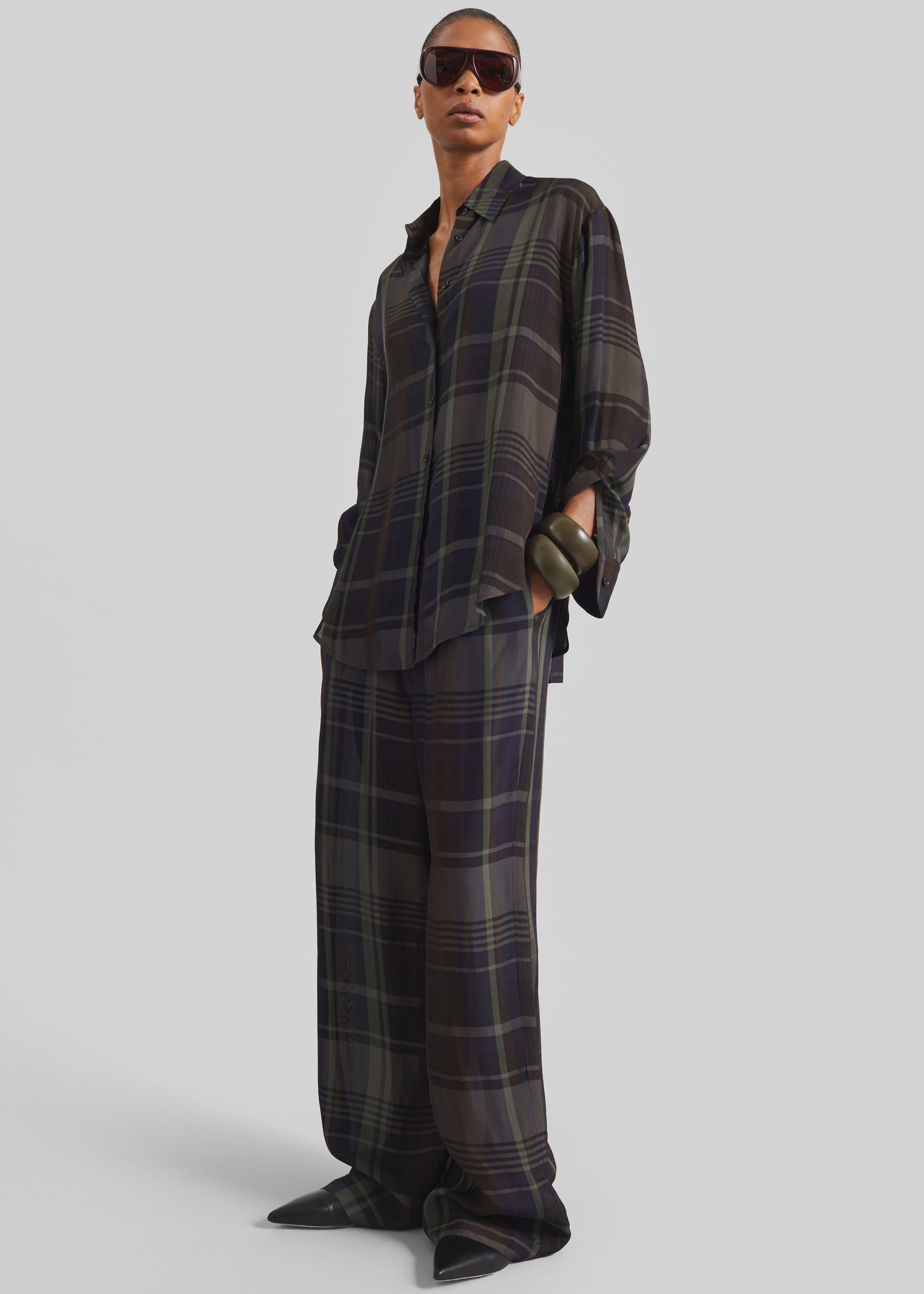 Shop the look image for Peri Sheer Fluid Shirt - Navy Tartan
